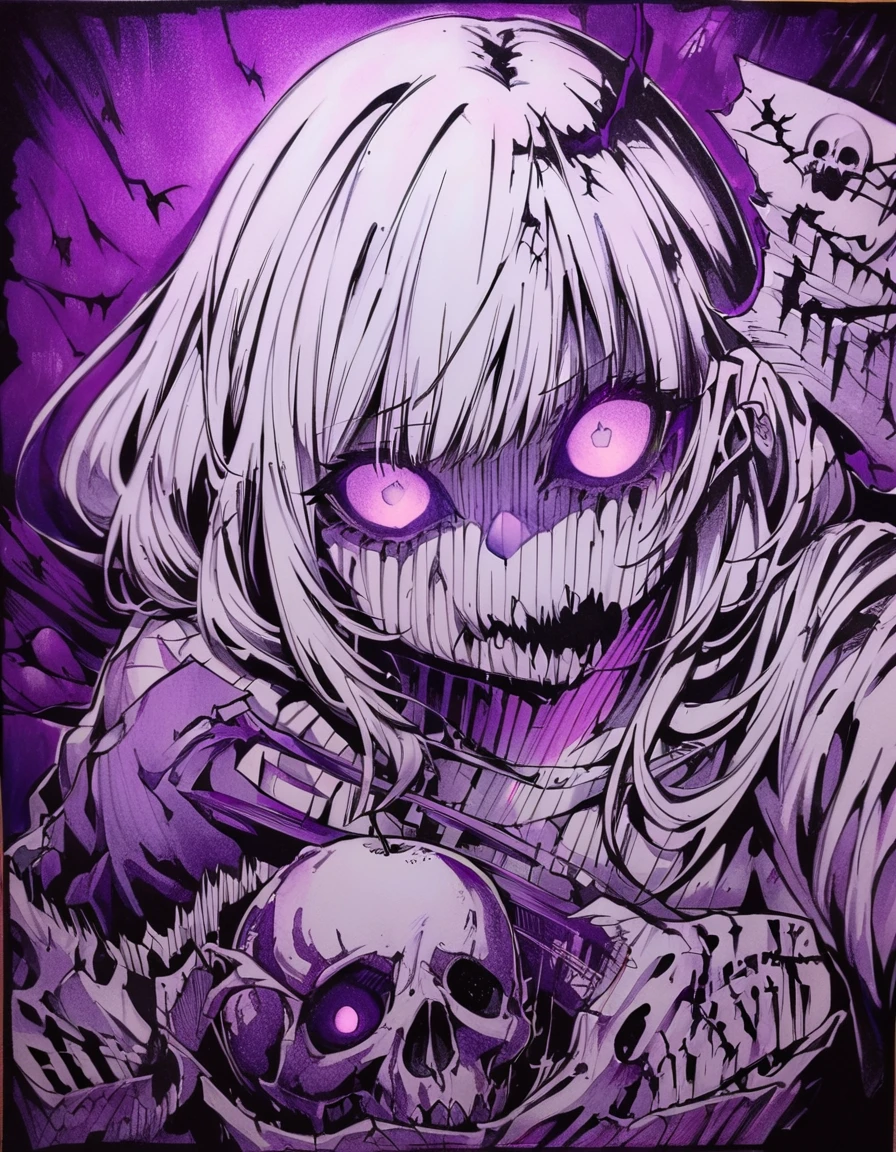 Horror-themed purple theme,monochrome,glowing,traditional media,1girl,solo,looking at viewer,shirt,holding,food,fruit,apple,<lora:phonk:1>, . Eerie, unsettling, dark, spooky, suspenseful, grim, highly detailed