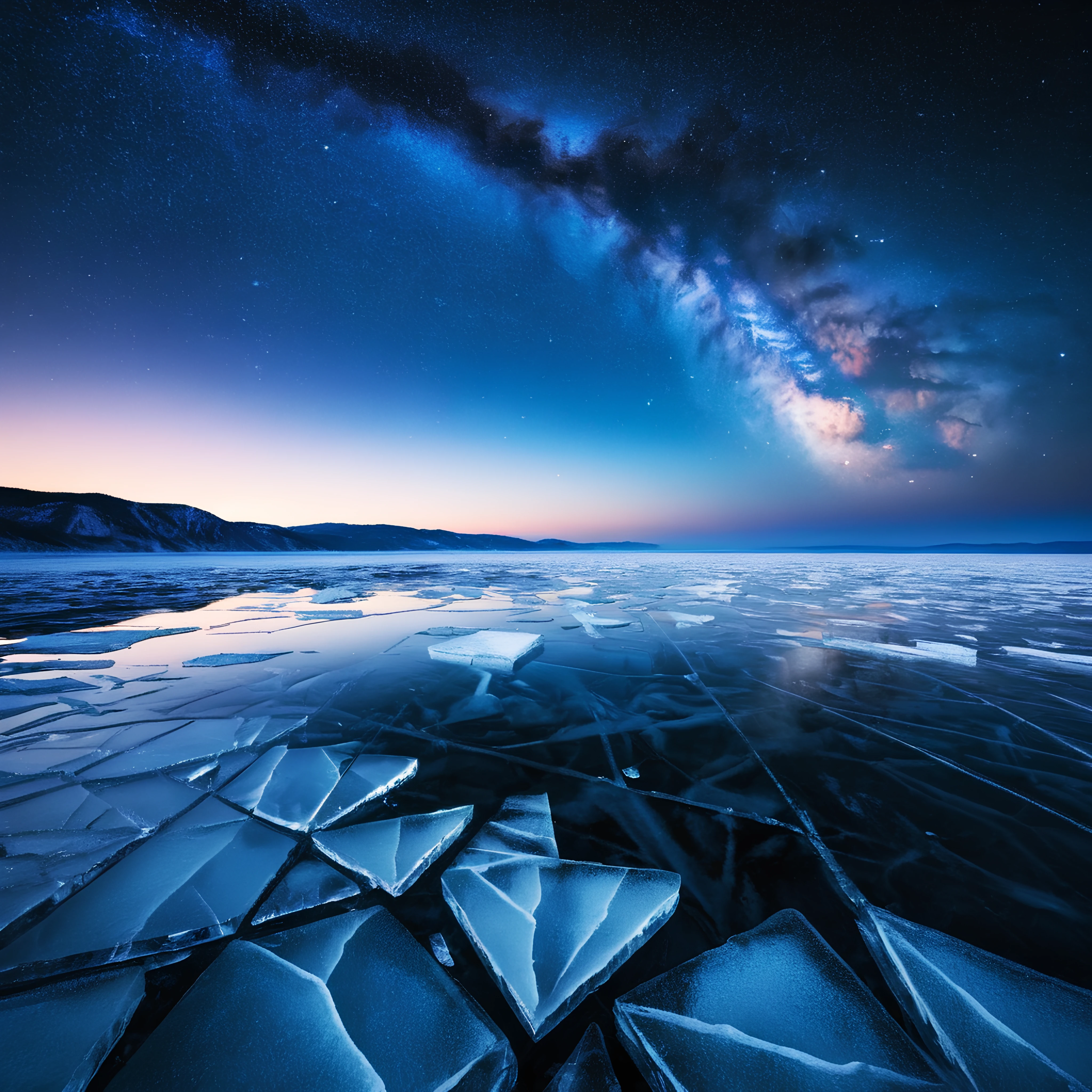 Professional photo of frozen Lake Baikal, partially cloudy, starry night, cracked ice. DSLR photo, high details, masterpiece