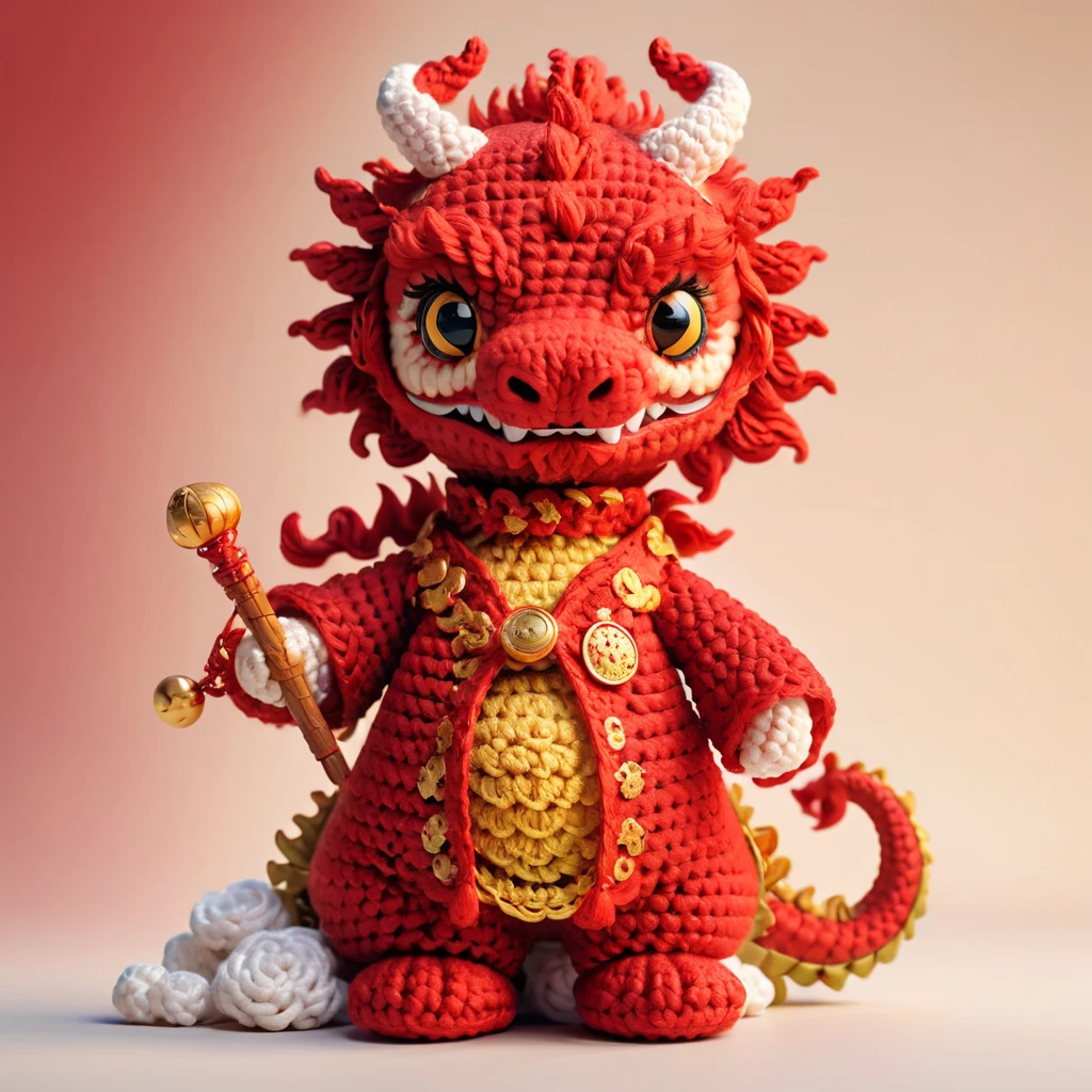 (Masterpiece, Best Quality,),8K,Chinese Dragon,Red Dragon,Dragon,IP,Solo,Crochet,Simple Background,In Simple Scene,Looking at the Viewer,Interior,Color Blend Greet,Standing,Full Body,<lora:knittingXL:0.7>