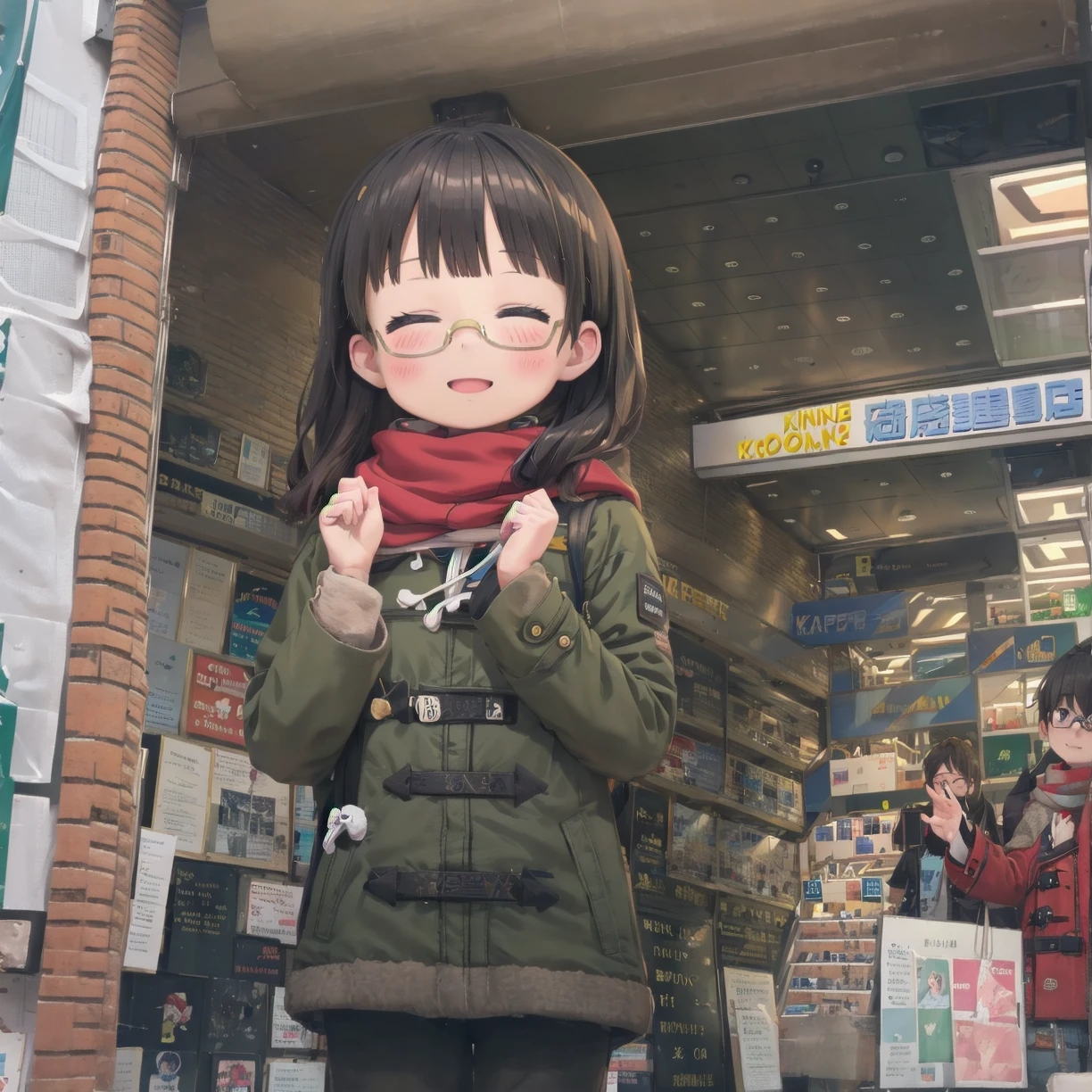 masterpiece, best quality, ultra-detailed, illustration,
1girl, solo, glasses, black hair, long hair, duffel coat, winter coat, winter scarf, pants, bag, looking at viewer, blush, happy, smile, closed eyes, blush,
kinokuniya, storefront, scenery, sign, multiple boys, shop, poster (object), real world location, 6+boys, outdoors
 <lora:kinokuniya_shinjuku_L_SD15_V1:1>