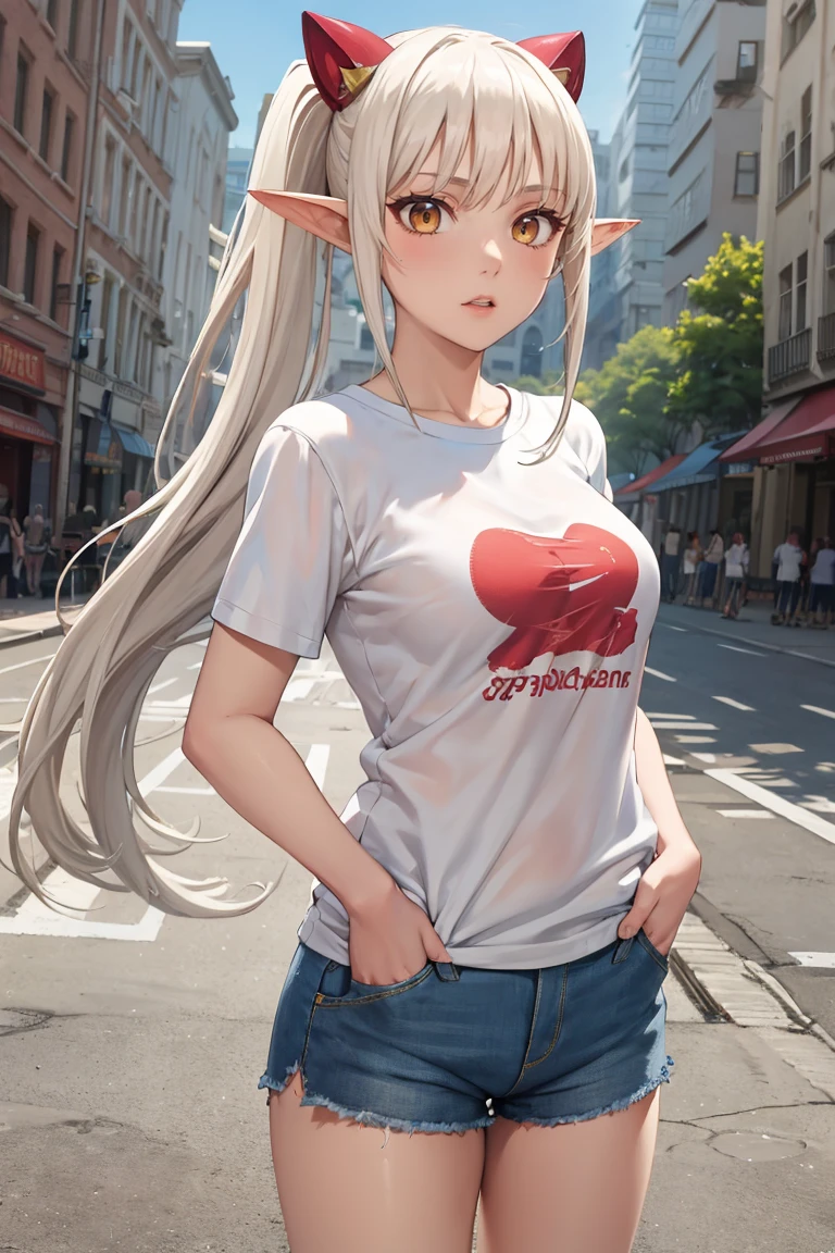 masterpiece, best quality, absurdres, 1girl, solo, SummonerAldra, long hair, ponytail, hair ornament, t-shirt, denim shorts, standing, outdoors, city, hands in pockets, <lora:SummonerAldra:1>