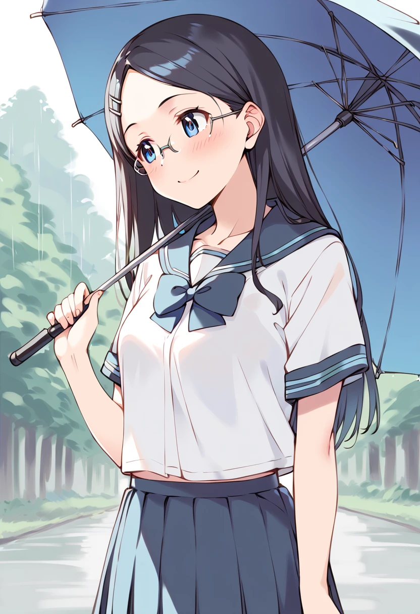 score_9, score_8_up, score_7_up, best quality, masterpiece, source_anime BREAK
1girl, saitou kaede, 1girl, school uniform, long hair, hair ornament, black hair, serafuku, hairclip, blue eyes, solo, glasses, pleated skirt, blush, short sleeves, blue skirt, white shirt, blue sailor collar, standing, closed mouth, blue bow, smile, blue neckwear, cowboy shot, bowtie, blue hair, outdoors, holding umbrella, transparent umbrella, hand up, rain, looking at another, looking away <lora:saitou_kaede_sdxl_locon_pony_v1:0.7>