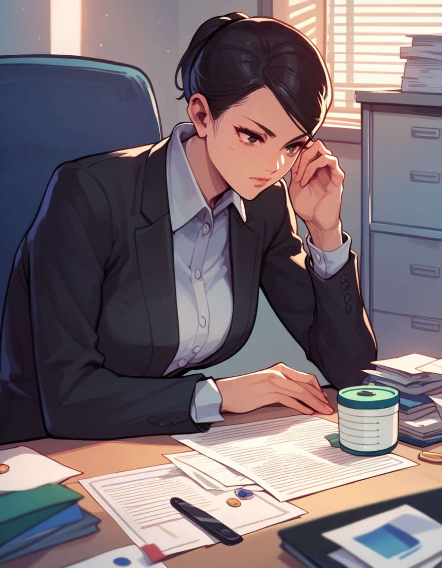 score_9, score_8_up, score_7_up, score_6_up, score_5_up, score_4_up, source_anime
<lora:gotokupack-ponyxl-000023:1>
sayama, black jacket, pant suit,
1girl, solo, office, paperwork, paper, phone