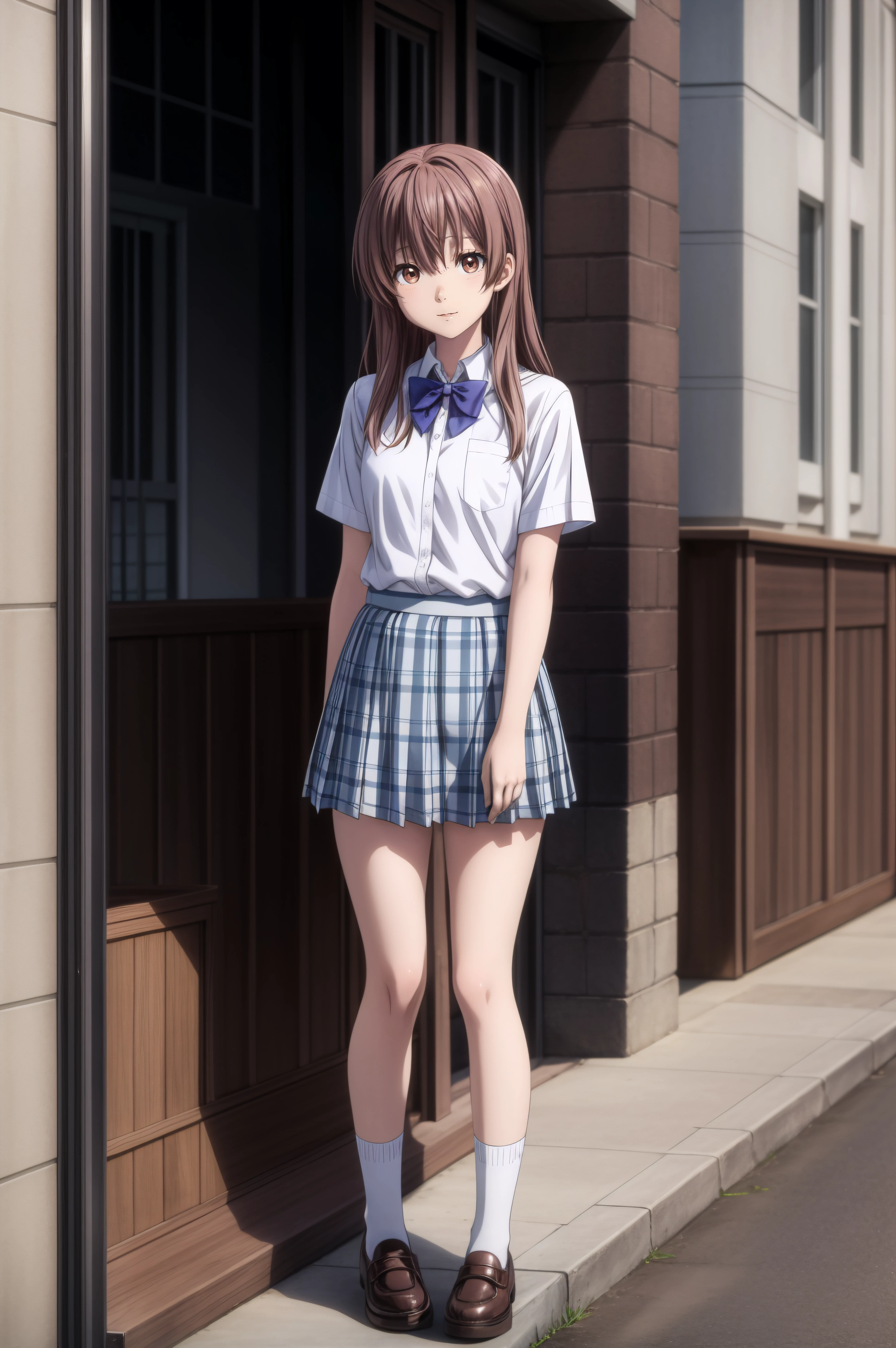 (masterpiece, best quality), <lora:shouko nishimiya-lora-Faxtron:0.5> shouko nishimiya, brown eyes, light brown hair, long hair, skirt, school uniform, white shirt, short sleeves, bow tie, pleated plaid skirt, white socks, shoes, full body,
<lora:add_detail:0.8>,