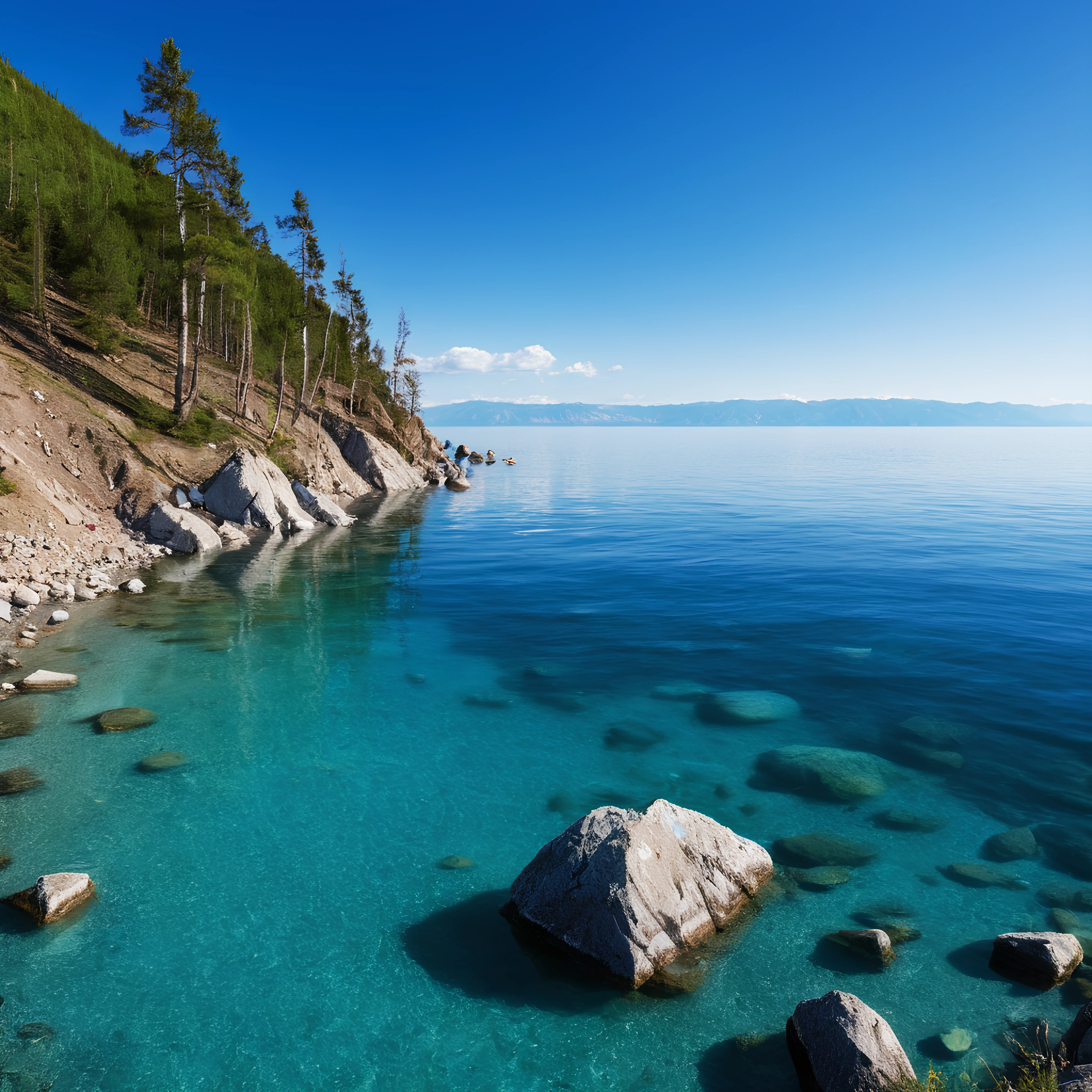 Professional photo of Lake Baikal, clear sky, sunny day. DSLR photo, high details, masterpiece