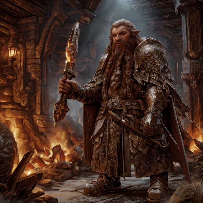 (masterpiece:1.2), (best quality,:1.2), 8k, HDR, ultra detailed, ((photorealistic)), perfect anatomy, professional light, cinematic lighting, fashion photography, ambient lighting,<lora:detail_slider_v4:3>, OverallDetail, a dwarf, long beard, wearing intricate armor, belt, cape, DwarAr, <lora:DwarvenArmor:0.7>, in an underground hall with a dwarven forge and furnace, fire, lava, smithy, DwaRe, <lora:DwarvenRealms-10:0.5>, in the style of Tolkien, Middle Earth, Moria, ((perfect hands)), <lora:Fantasy_warriors_-_by_HailoKnight:0.4>, epiCPhoto