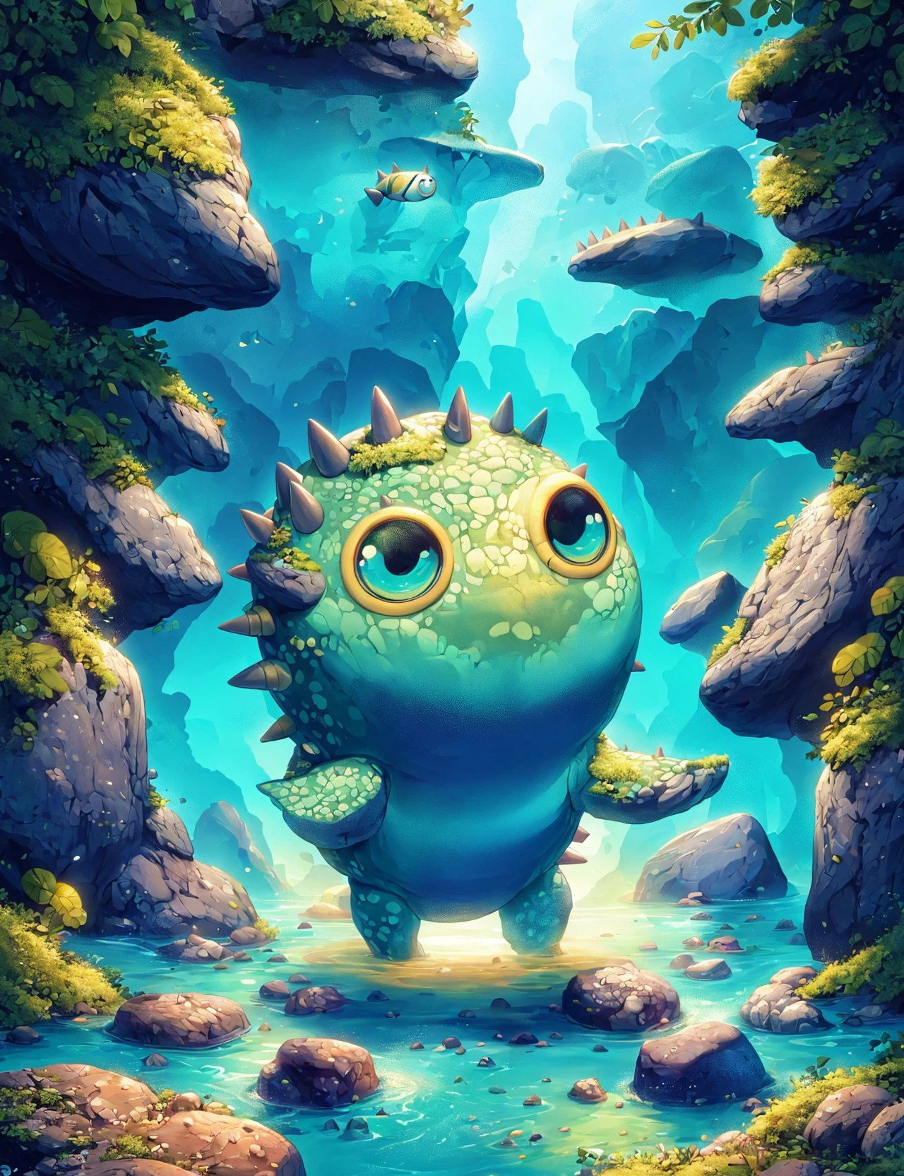 masterpiece, awesome quality, hyper detailed, DonMCu73T00n, a irregular rocky water elemental Amphiptere, hide skin, spikes, long plantigrade legs, , <lora:DonMCu73T00n:0.8>