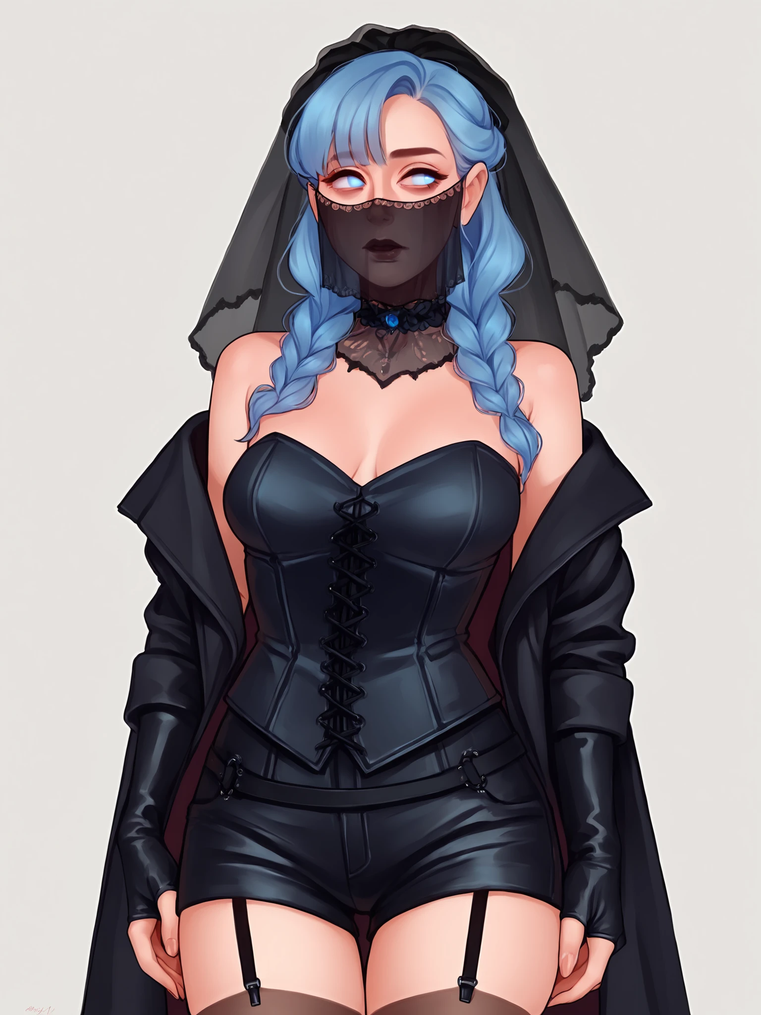 score_9, score_8_up, score_7_up, score_6_up, score_5_up, score_4_up,
BREAK
girl with blue hair, blue eyes, empty eyes, long hair, straight hair, bangs, mature female, black bow, hair bow, braided hair, black pupils, looking away,
BREAK
standing, medium breasts, black tank top, black shorts, black thighhighs, black fingerless gloves, black elbow gloves, strapless, garter straps, choker, (black coat:1.2), black veil, black mouth veil, black bridal veil, corset, (thigh holster:1.1),
BREAK
white background, <lora:Lunas-OthalaM-SDXL-A1:1>