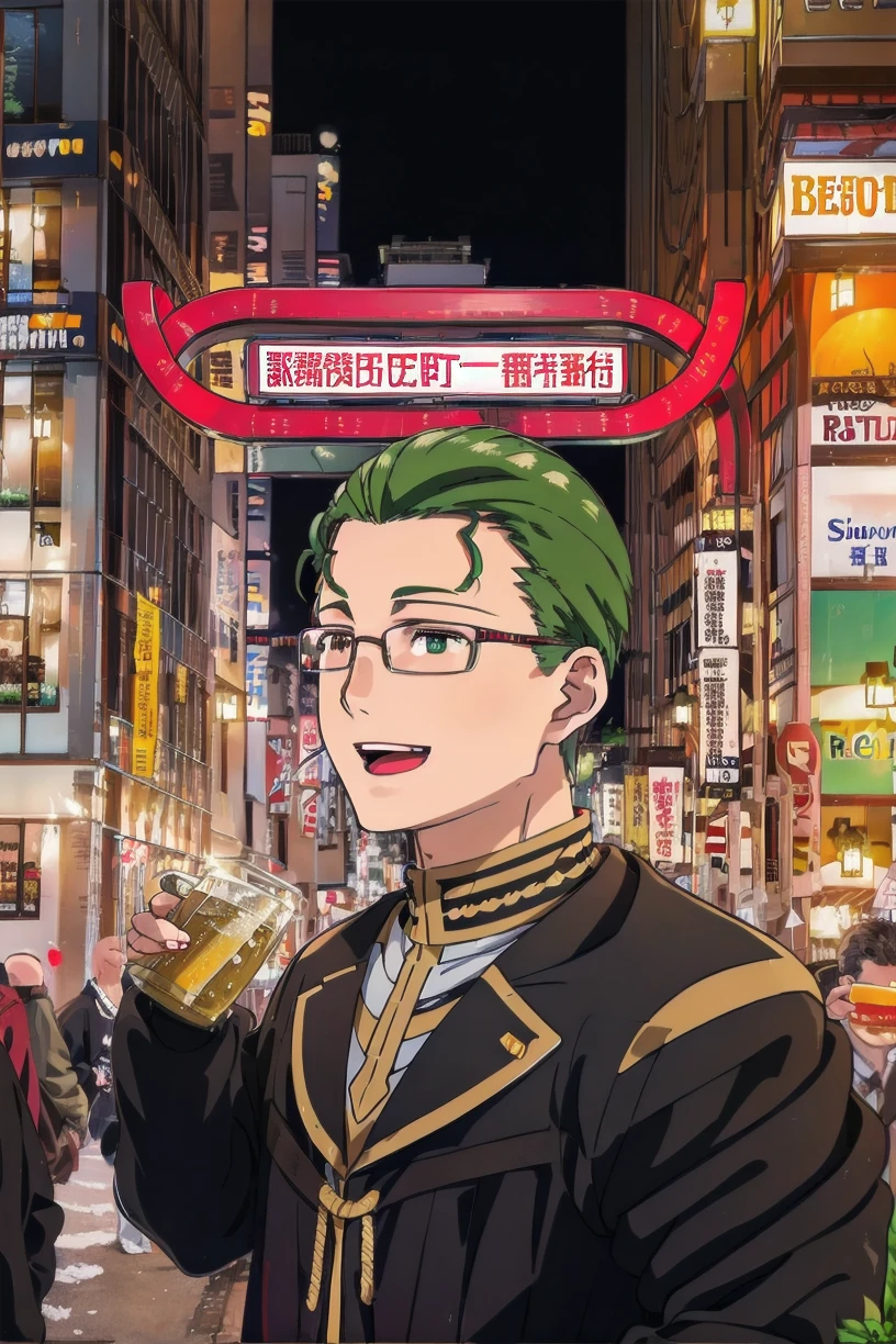 best quality,masterpiece,ultra high res,
heiter, 1boy, male focus, glasses, solo, cup, beer mug, open mouth, smile, looking at viewer, green hair, upper body, holding cup, alcohol, beer, robe,
BREAK
kabukicho1, city, scenery, night, 6+boys, sign, moon, street, real world location, road, multiple boys, cityscape, building, outdoors, multiple girls, neon lights, crowd
<lora:heiter_SD15_V1:0.8> <lora:kabukicho1_SD15_V1:0.8>