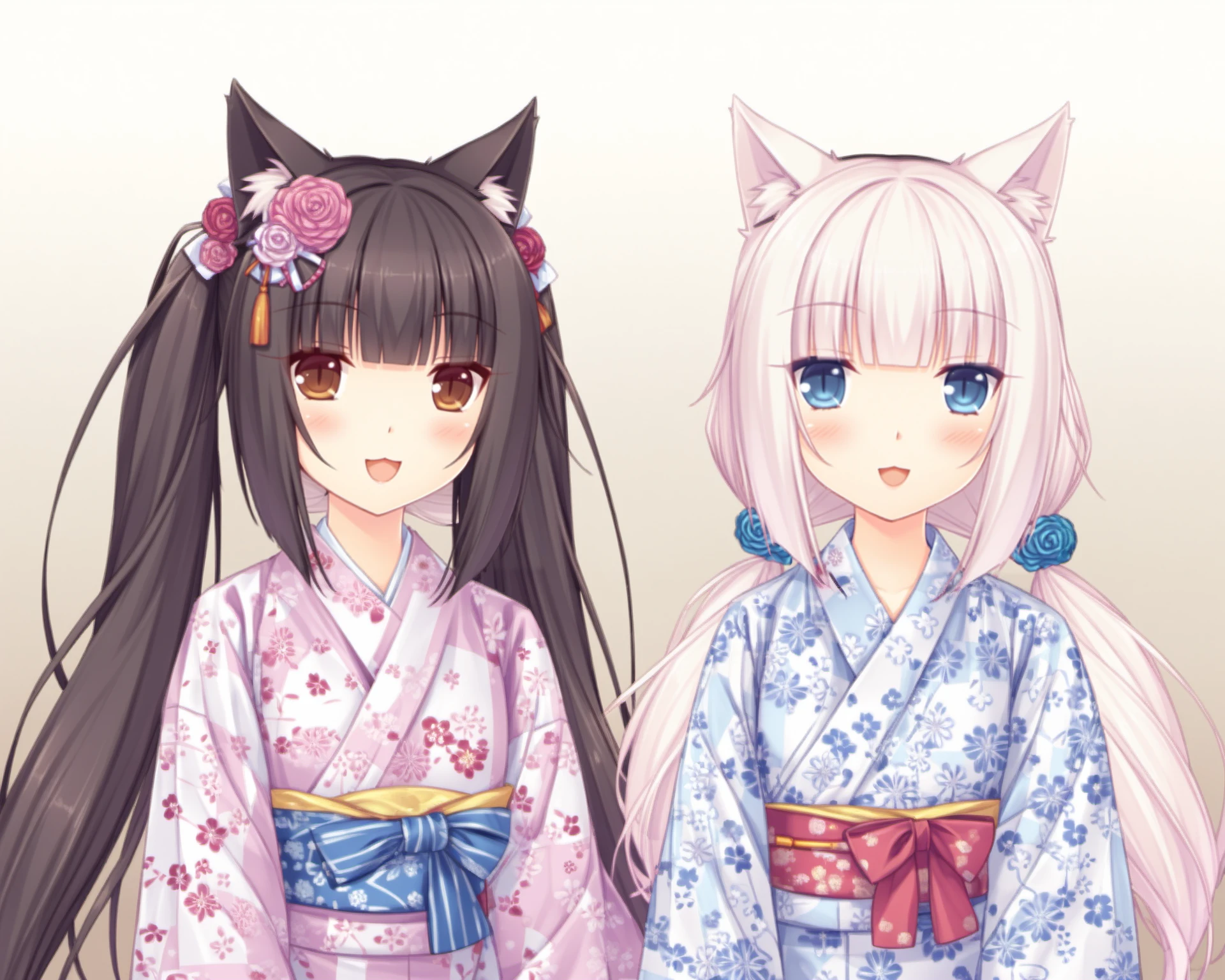 <lora:nekopara-js2pony-v1:0.85>,nekopara,Vanilla_\(nekopara\), Chocola_\(nekopara\), multiple girls, , multiple_girls, 2girls, japanese_clothes, animal_ears, kimono, cat_ears, flower, hair_ornament, long_hair, twintails, open_mouth, blue_eyes, hair_flower, slit_pupils, floral_print, blunt_bangs, brown_eyes, sash, bangs, obi, white_hair, blush, low_twintails, brown_hair, looking_at_viewer, upper_body, chestnut_mouth, gradient, smile, gradient_background, black_hair, yukata, artist_name, rose, pink_hair