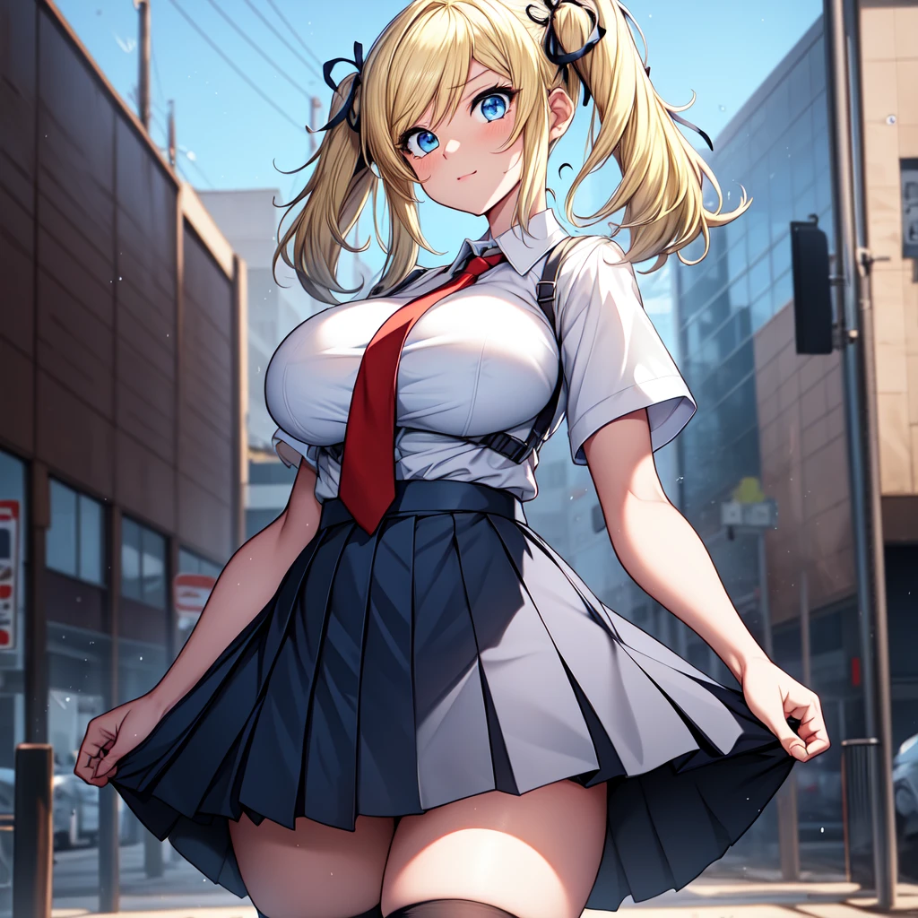 (masterpiece,best quality, detailed), movie-level quality <lora:more_details:0.3><lora:GoodHands-beta2:1.0>
taimanin_kurenai, absurdres, highres, official_art, 1girl, (((blonde_hair))), blue_eyes, eyebrows, eyes_visible_through_hair, hair_between_eyes, large_breasts, short_twintails <lora:1.1 shinganji_kurenai:0.9>
1girl, solo, breasts, bangs, blue eyes, skirt, blonde hair, large breasts, shirt, thighhighs, ribbon, twintails, school uniform, hair ribbon, white shirt, short sleeves, pleated skirt, necktie, collared shirt, black thighhighs, blue skirt, zettai ryouiki, red necktie, white ribbon,
