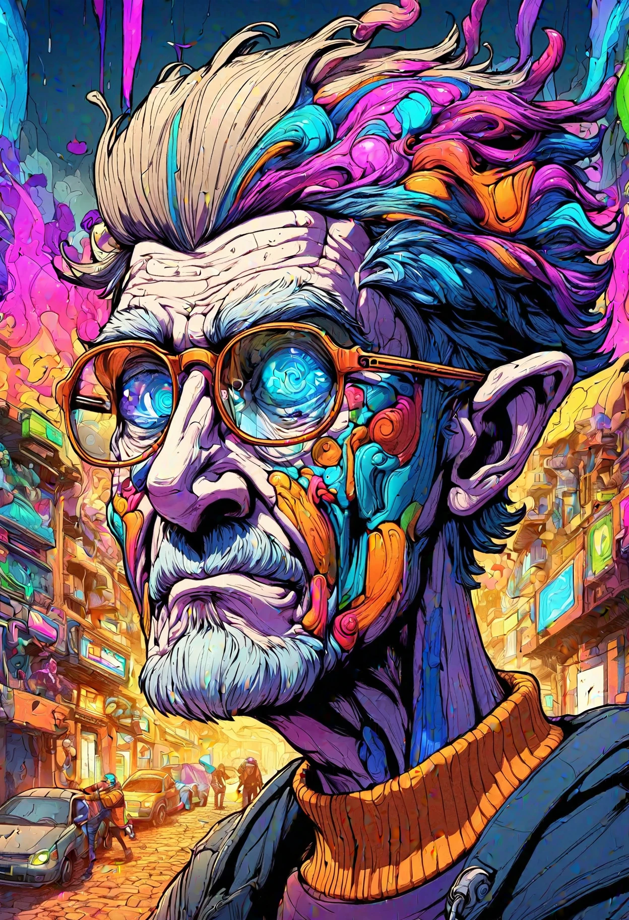 DonMM3l4nch0l1cP5ych0XL,vibrant, psychodelic, male robot psychologist, geriatric builky, scandinavian, deep blue eyes, asymmetrical ears, round chin, chiseled jaw, unusual cheeks, high forehead, heart face shape, , purple angular fringe hair, interest, haptic feedback interaction, character touches fingertips together in front of them, simulating tactile interaction with virtual objects, wearing ar-enhanced urban joggers, plasma knit sweater, , shrouding allies in protective auras, enhancing their defenses, neon underground club, self-repairing nanogels for facades,clay tiles roof,serpentine stone,glass, bonfires, uplighting, gritty urban cyberpunk, <lora:DonMM3l4nch0l1cP5ych0XL-000004:0.8>