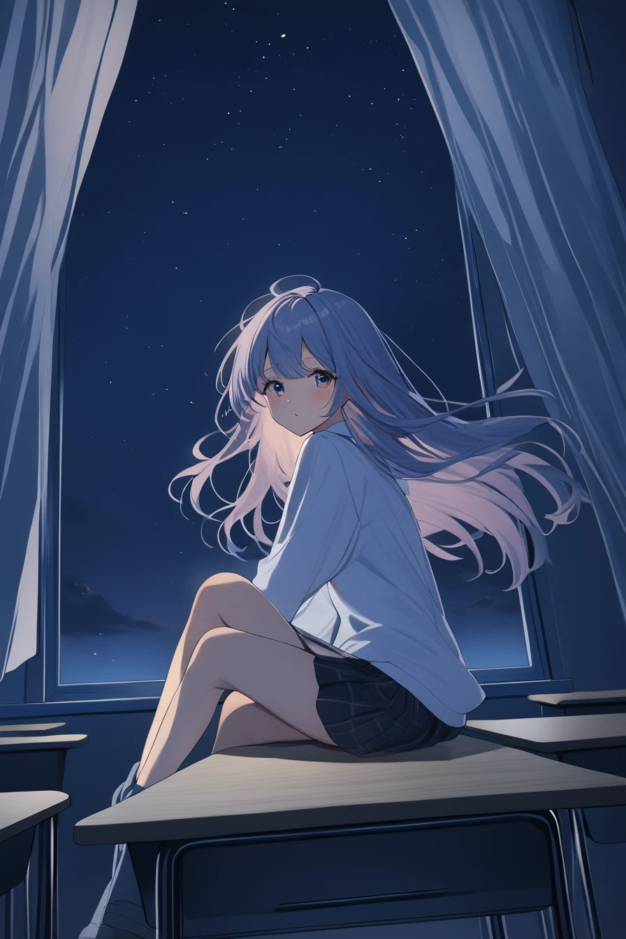 1girl, sitting on desk, classroom, window, chalkboard, night,curtains, wind,dark <lora:night-XL:1>