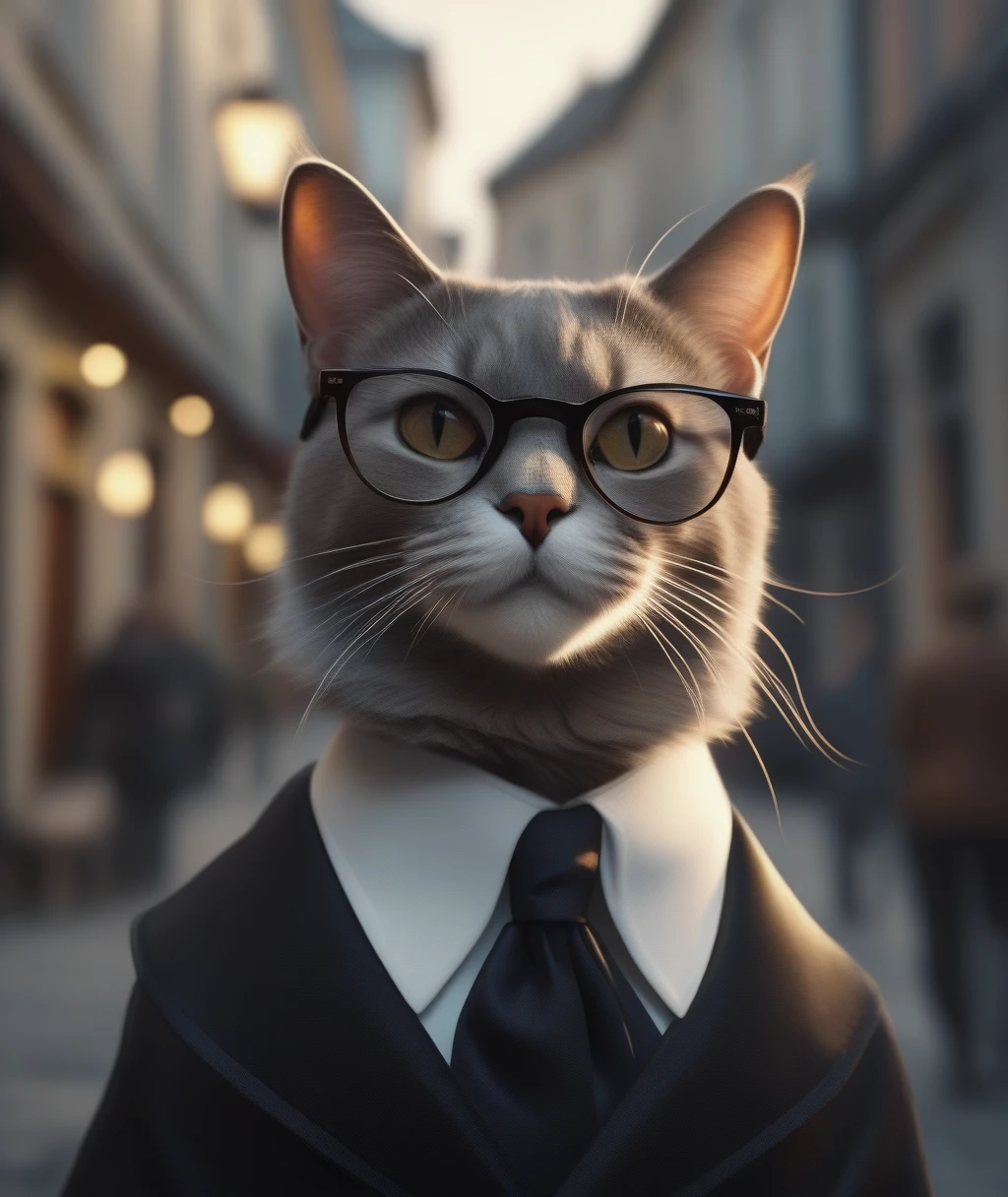 anthropomorphic cat-aristocrat with glasses walks down the street, (closeup:0.6), realism, dynamic atmosphere