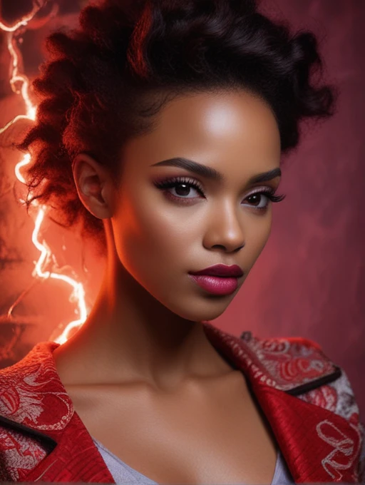 (the word "LIGHTNING" written on the top:1.4), monocolor profile portrait of a beautiful african woman, coral key light, crimson back light, burgundy red fill light, glamour, high fashion magazine cover
