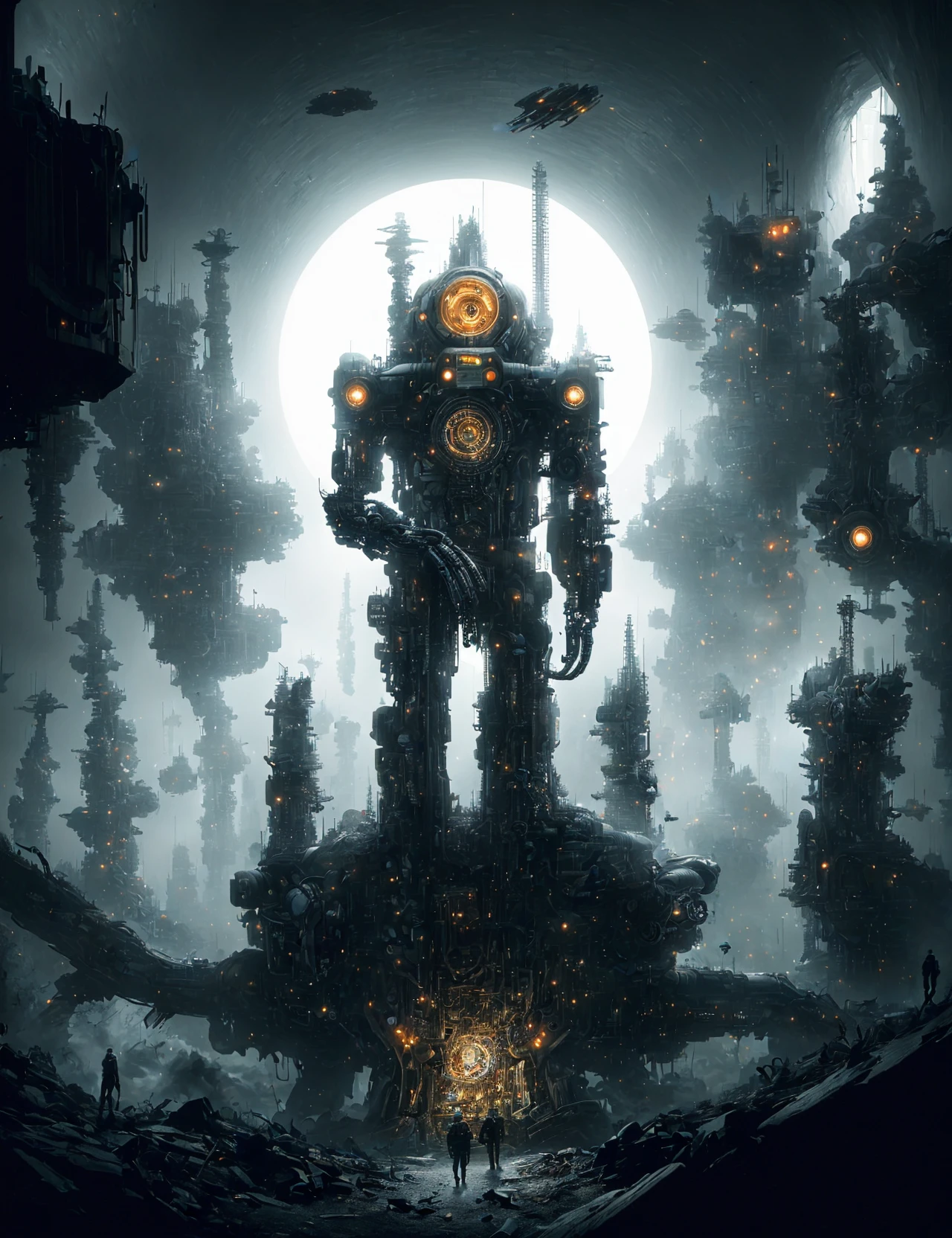 masterpiece, awesome quality, hyper detailed, DonMN1gh7, dystopian of cyborg- part human, part machine being, showcasing a fusion of organic and mechanical elements , space relic restorer , <lora:DonMN1gh7:0.8>