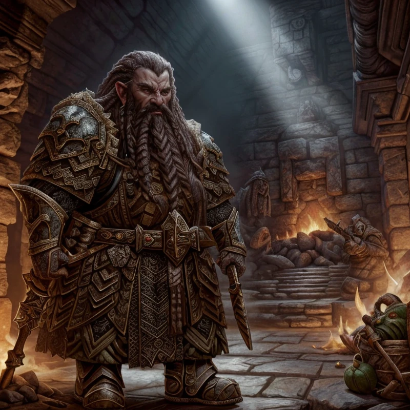 (masterpiece:1.2), (best quality,:1.2), 8k, HDR, ultra detailed, ((photorealistic)), perfect anatomy, professional light, cinematic lighting, fashion photography, ambient lighting,<lora:detail_slider_v4:3>, OverallDetail, a dwarf, long beard, wearing intricate armor, belt, cape, DwarAr, <lora:DwarvenArmor:0.8>, in an underground hall with a dwarven forge and furnace, fire, lava, smithy, DwaRe, <lora:DwarvenRealms-10:0.7>, in the style of Tolkien, Middle Earth, Moria, ((perfect hands)), <lora:Fantasy_warriors_-_by_HailoKnight:0.5>, epiCPhoto