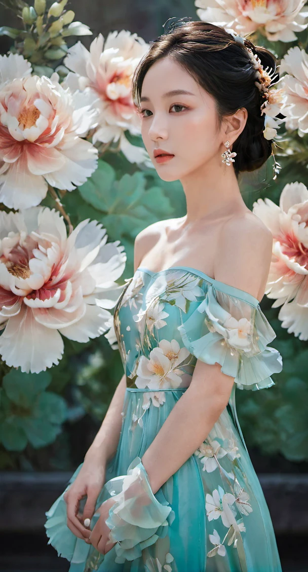 arien photography, chinese art photography, 1girl, dress, flower, solo, jewelry, earrings, black hair, hair ornament, blurry background, dress, blurry, upper body, bare shoulders, long hair, profile, off shoulder, green dress, closed mouth, realistic, red lips, chinese clothes, from side, lips, half-closed eyes, from behind, makeup, flower, eyelashes, off-shoulder dress, aqua dress, watermark, hair flower,  <lora:BIGFLOWERS:1>, flower backdrop,  <lora:DonMS4kur4XL:0.4>