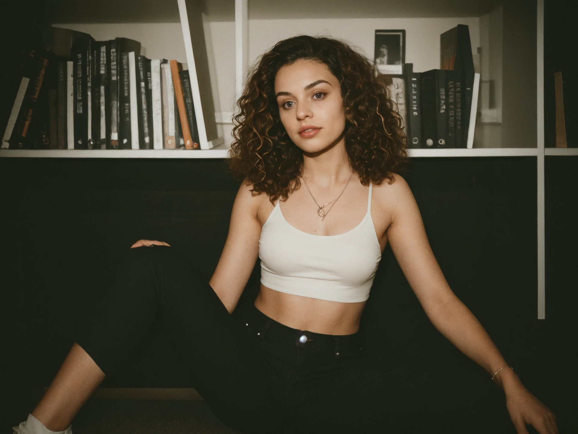 flashphoto woman, curly hair, black crop top, high-waisted jeans, sitting, tattoo on arm, indoor setting, bookshelf, lamp, neutral colors, casual style, focused expression, mid-20s, pendant necklace, comfort, modern interior, subtle texture, cozy atmosphere, candid pose, soft lighting, visible grain, portrait orientation epicphoto