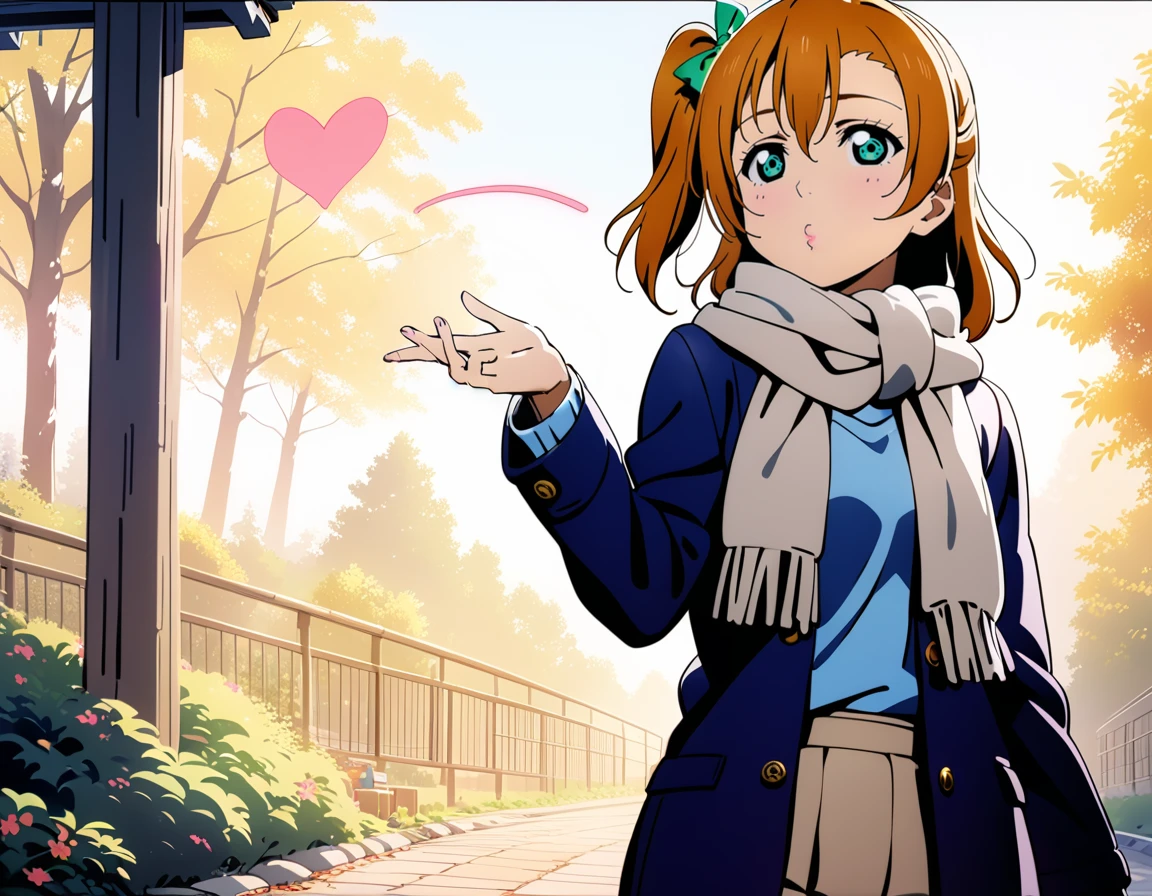 1girl,solo,
kousaka honoka, love live!,
scarf,
smile,
<lora:frierenkissXL1:0.9>,frierenkiss, blowing kiss,(pursed lips:1.7),heart,
outdoors,
masterpiece, best quality, ultra detailed, highres,4k,(ultra-detailed:1.4) (illustration:0.5), (ray tracing,:0.8),(anime colored:0.7),(ai-generated:0.5),