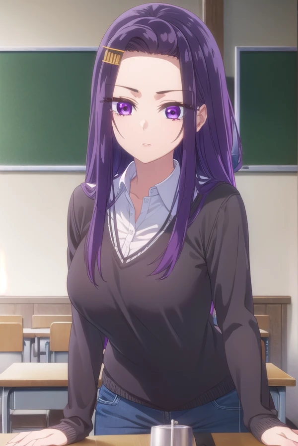 sayuriakino, <lora:sayuri akino s1-lora-nochekaiser:1>,
sayuri akino, long hair, hair ornament, hairclip, purple hair, (purple eyes:1.1), (forehead:1.2),
BREAK shirt, white shirt, collared shirt, sweater, black sweater,
BREAK indoors, classroom,
BREAK looking at viewer, (cowboy shot:1.5),
BREAK <lyco:GoodHands-beta2:1>, (masterpiece:1.2), best quality, high resolution, unity 8k wallpaper, (illustration:0.8), (beautiful detailed eyes:1.6), extremely detailed face, perfect lighting, extremely detailed CG, (perfect hands, perfect anatomy),