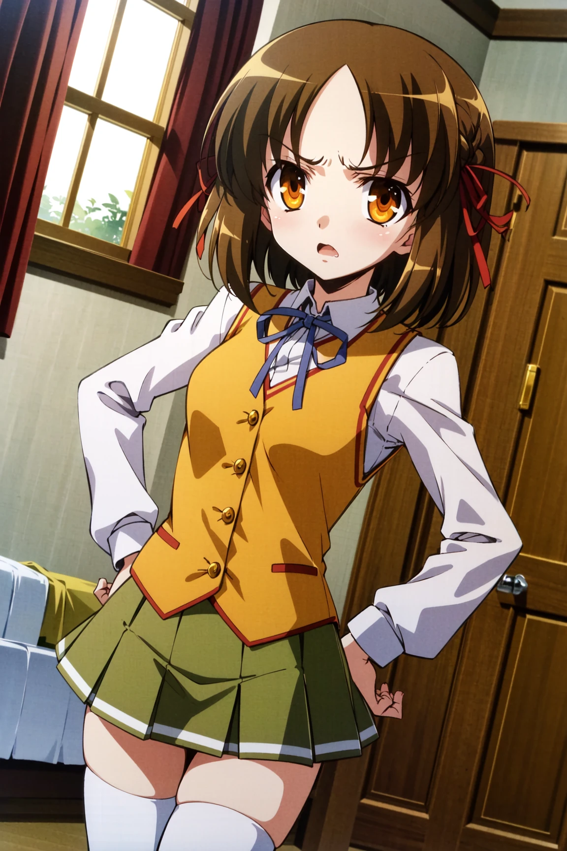<lora:OmaHimaStylev51:0.8>,(best quality:1),absurdres,uhd,8k,magnum opus,volumetric shadows,isometric lighting,anime,solo,facing viewer,KuzakiRinko,light brown hair,parted bangs,short hair,hair ribbon (red ribbon),orange eyes,school uniform,yellow vest,white shirt,long sleeves,wing collar,green skirt,white thighhighs,frown,open mouth,hands on hips,standing,angry,indoors,bedroom,window,