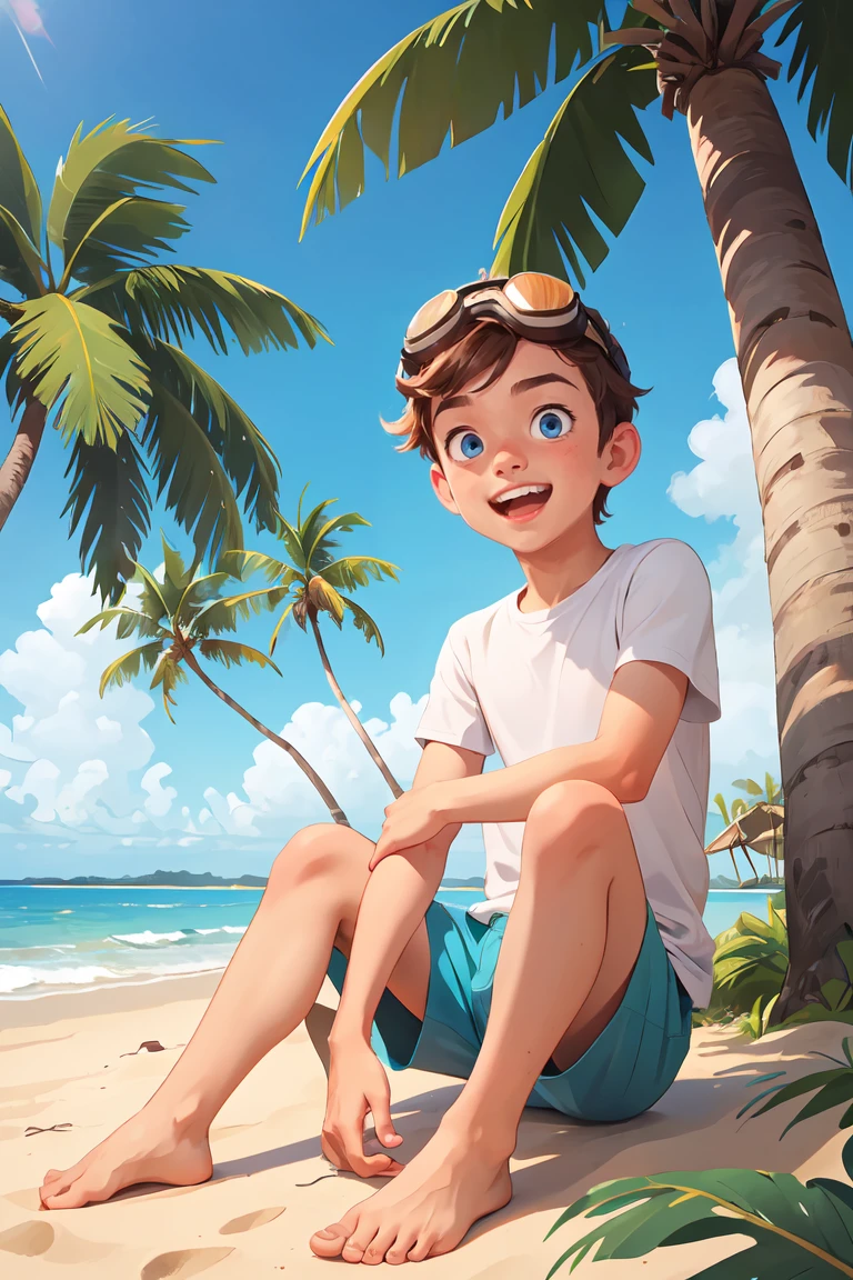 masterpiece,best quality,1boy,solo,goggles on head,male focus,blue eyes,outdoors,barefoot,shorts,open mouth,smile,looking at viewer,sitting,beach,blush,tree,brown hair,sky,palm tree,ocean,day, <lora:GoodHands-beta2:1>, scenery