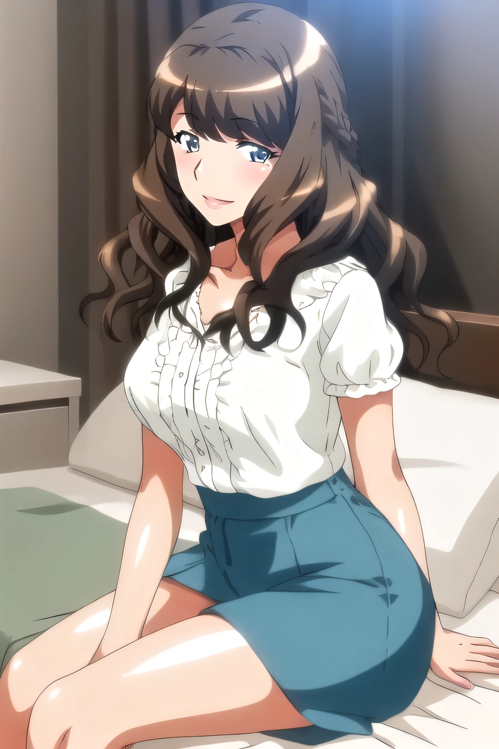 (masterpiece:1.2), best quality, high resolution, unity 8k wallpaper, (illustration), extremely detailed face, perfect lighting, extremely detailed CG,  <lora:Ayami_nee:0.9>, ayaminee, brown hair, blue eyes, (blue skirt), white shirt, smile, cowboy shot, looking at viewer, thighs, small lips, sitting on bed, arms at sides, frontal view, [detailed hands, perfect hands], large breasts