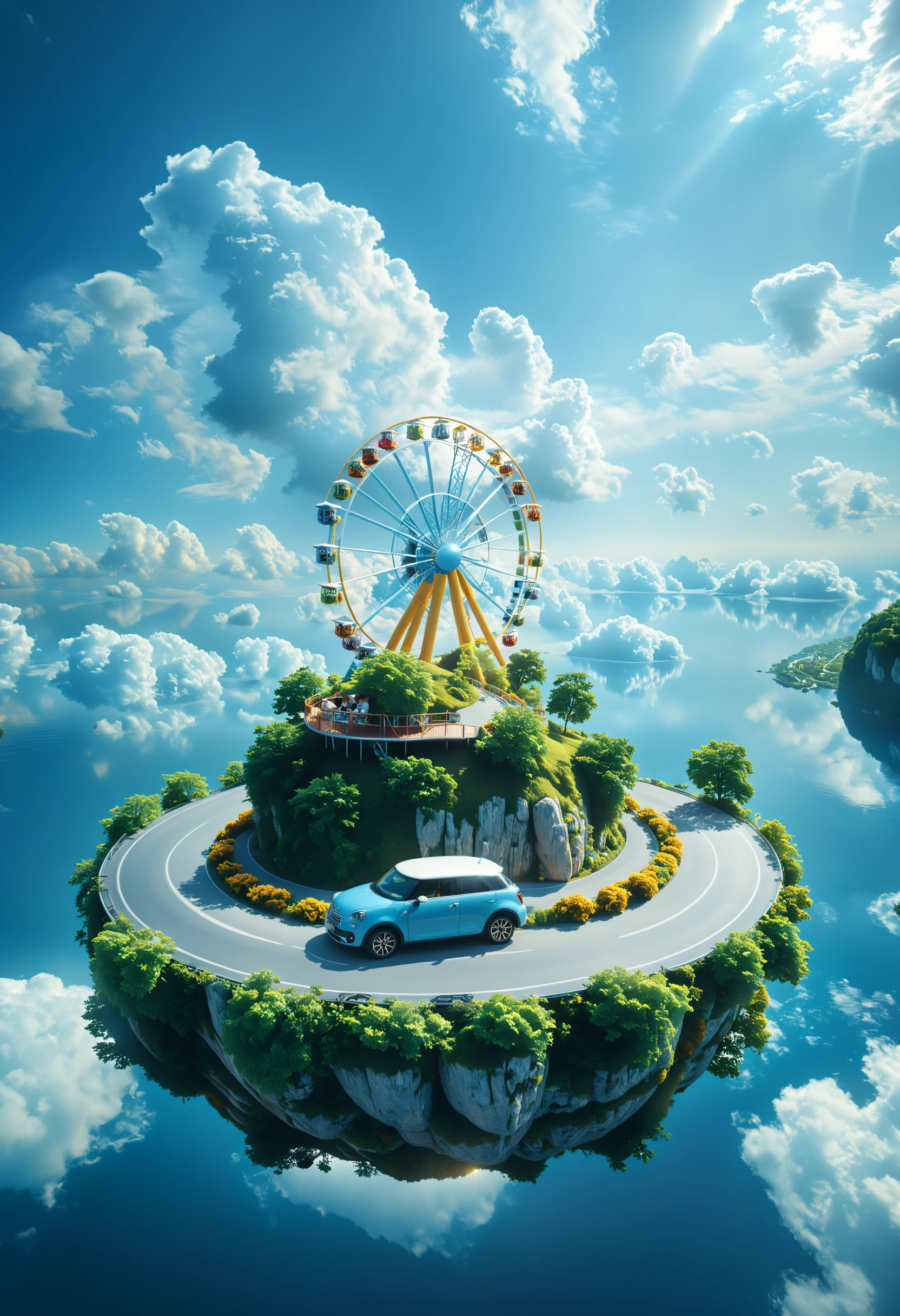 cinematic photo surreal, (floating island:1.2),blue sky  and cloud, The island suspended in the sky. Children's amusement park, Ferris wheel, cute child car,road,  imaginative and colorful,front light,
<lora:xl_floating:0.9>, insane intricate detail . 35mm photograph, film, bokeh, professional, 4k, highly detailed