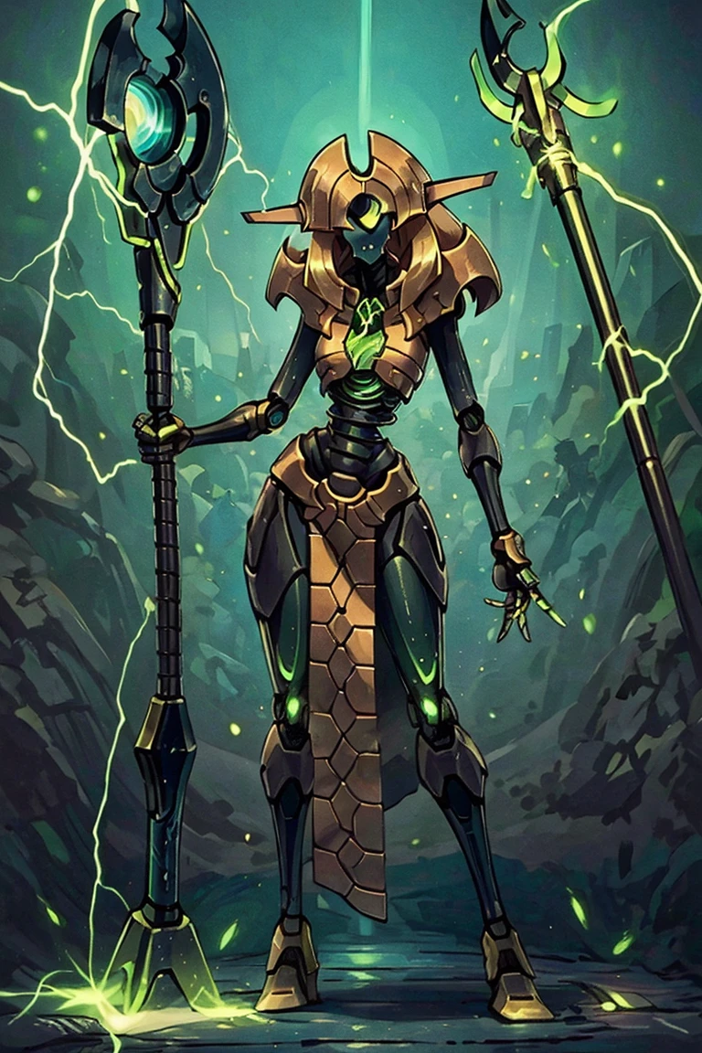 ((masterpiece,best quality)), anime style,  <lora:Necron_Lord:0.8>, detailed robot face, glowing eyes:1.2,  Necron Lord, simple background, white background, holding, standing, pointy ears, no humans, staff, holding staff, one-eyed, humanoid robot,  <lora:Necron_Architecture:0.5>,  electricity, green glow, green theme,