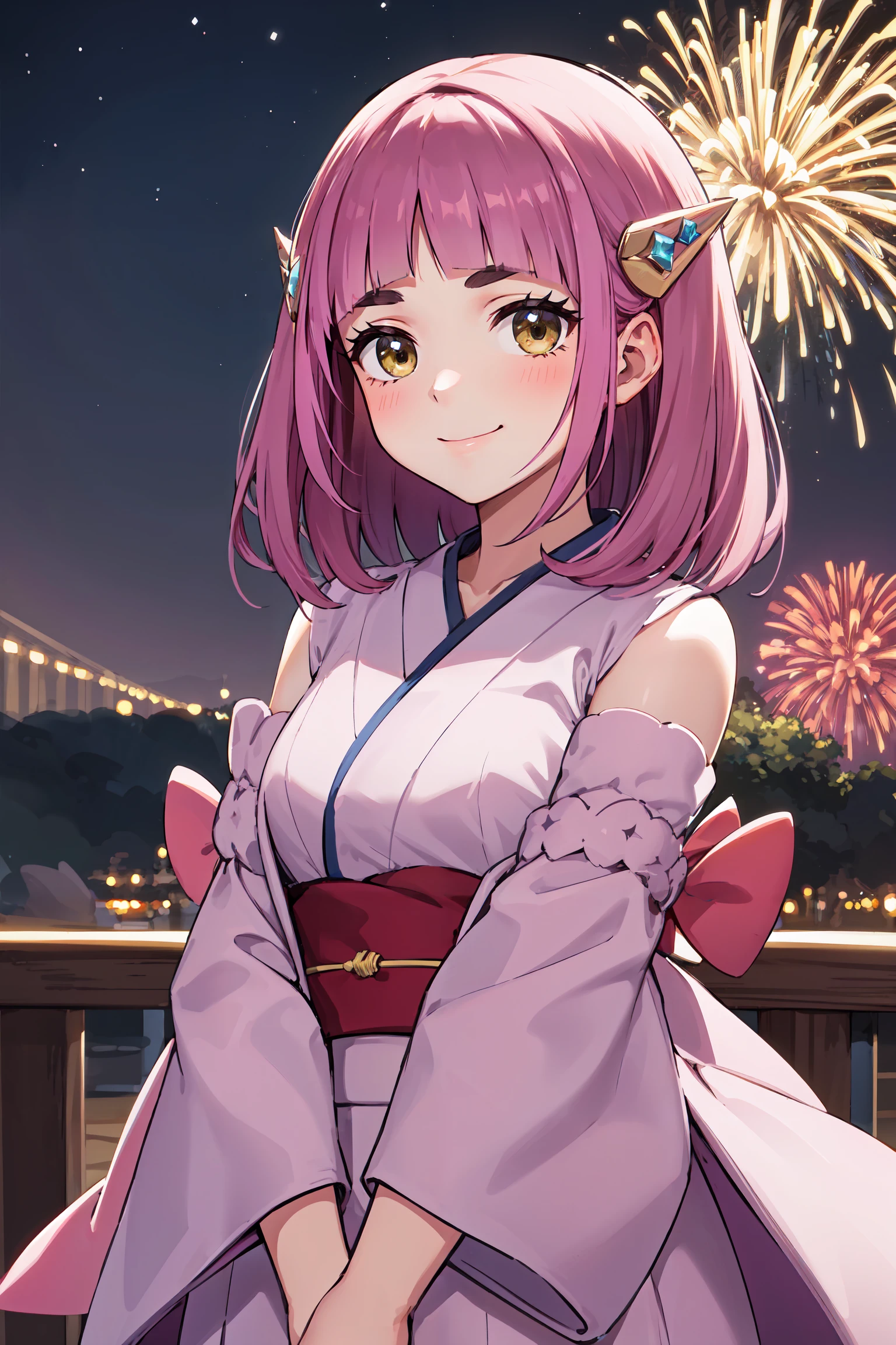 masterpiece, best quality, cowboy shot, looking at viewer, smile, lacey, medium hair, hair ornament, kimono, v arms, outdoors, night, starry sky, fireworks, <lora:pkmn_lacey_v1:0.9>