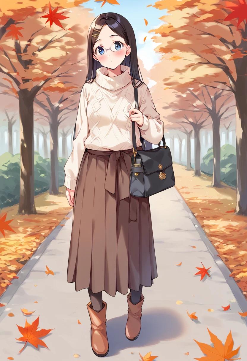 score_9, score_8_up, score_7_up, best quality, masterpiece, source_anime BREAK
1girl, saitou kaede, 1girl, solo, glasses, long hair, blue eyes, pantyhose, black hair, hair ornament, hairclip, blush, leaf, autumn leaves, black legwear, looking at viewer, autumn, turtleneck, brown skirt, full body, white sweater, handbag, long skirt, casual, brown footwear, maple leaf, standing, long sleeves, ankle boots, aran sweater, walking <lora:saitou_kaede_sdxl_locon_pony_v1:0.7>