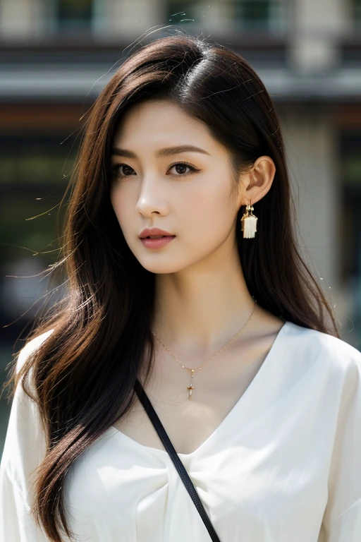 HWGIRL,masterpiece,ultra realistic,32k,extremely detailed CG unity 8k wallpaper, best quality,(spring day ),lady ,necklace ,eardrop, Guilin, China, ( brown Layering with oversized pieces ) , Pastel pink hair Braided crown ,,<lora:Hwgirl_V017:0.9>,