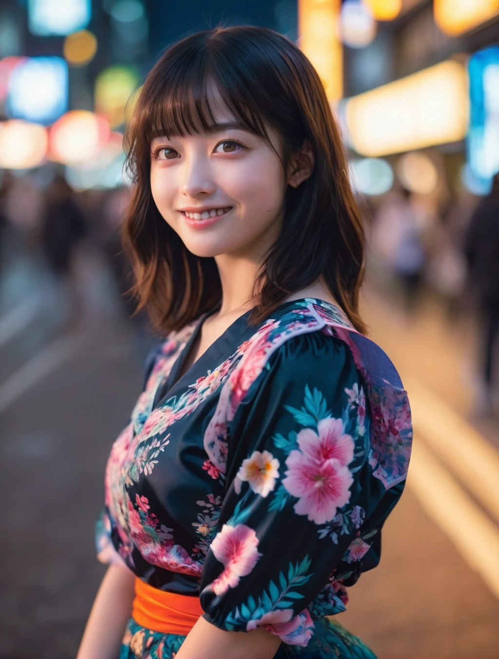 1girl,(RAW photo, best quality), (realistic, photo-realistic:1.4), masterpiece, an extremely delicate and beautiful, extremely detailed, 2k wallpaper, Amazing, finely detail, extremely detailed CG unity 8k wallpaper, ultra-detailed, highres, hard light, beautiful detailed girl, extremely detailed eyes and face, beautiful detailed nose, beautiful detailed eyes,cinematic lighting,
on the streets of shibuya,tokyo, neon lights,city lights at night,crowd,(bokeh:1.2)
wearing blouse with floral pattern and skirt,smiling,
<lora:MTAHashimotoKannaXLv2-000008:1>,(black hair),(hair with bangs)