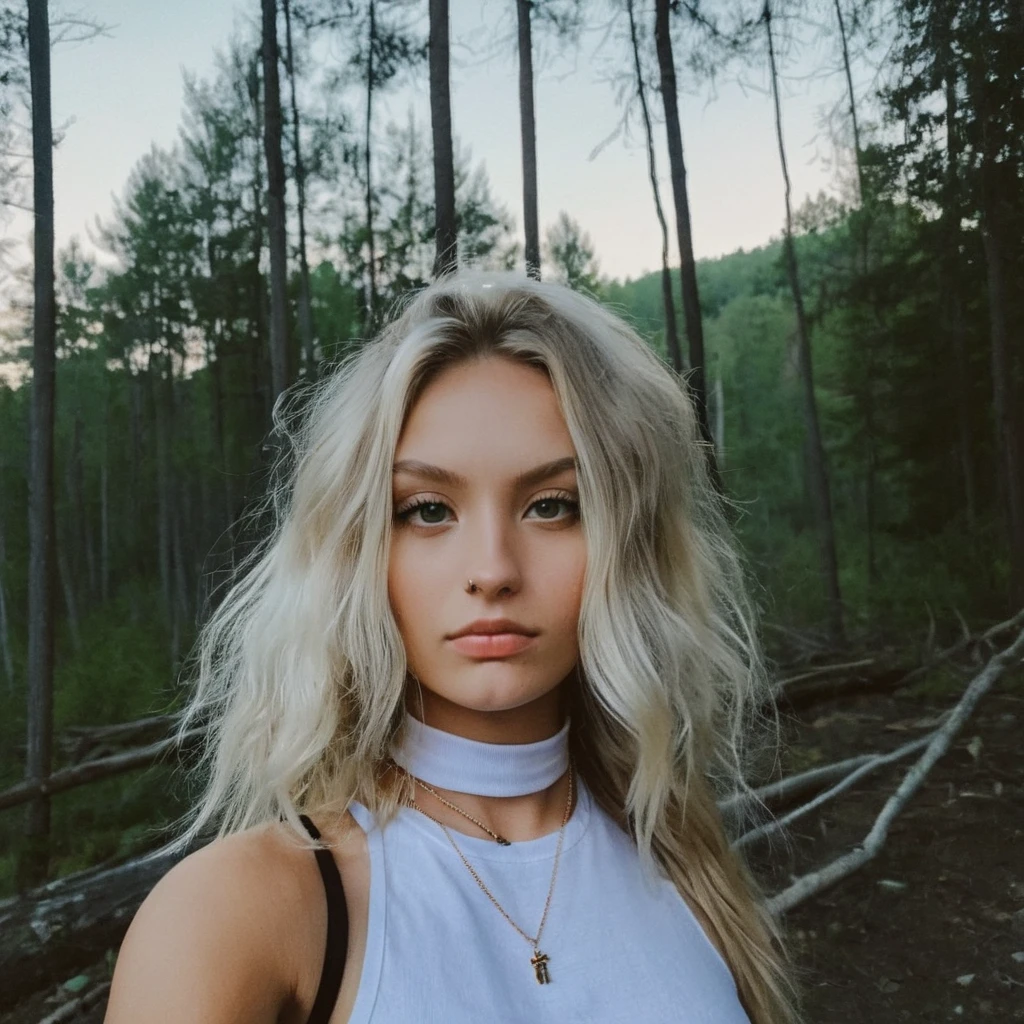 Looking straight at the camera, Film grain, skin texture, Instagram selfie of a woman with long loose blonde hair wearing a choker,evening forrest in the background,f/1.8, <lora:mihandley3_xl_3_standard_merger_43_99_08_02:1>