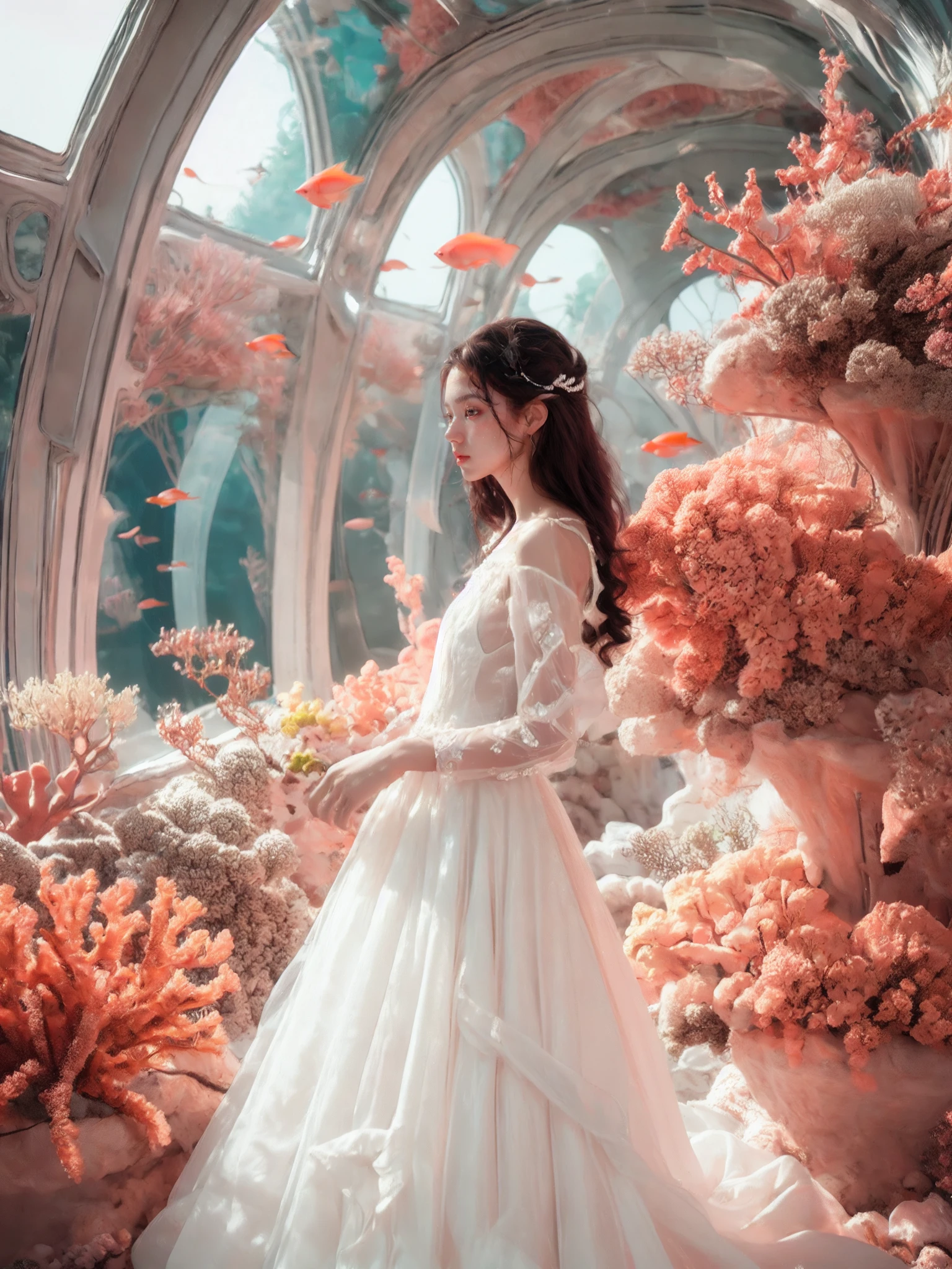 (dream scene:1.2),(fashion shooting:1.2),
(holy elegant princess:1.3),(full body photo:1.1),stand,fashion clothing design,white dress,(coral hair accessories:1.1),exquisite pearl jewelry,clear tulle,black curly hair,
<lora:Pink coralçç æ_v1.0:0.8>,Pink coral,lots of corals,swimming fish,
<lora:duobabaè²å½©çå¼¹:0.4>,pink atmosphere,(rembrandt light:1.13),soft natural light,, masterpiece:1,2), best quality, masterpiece, highres, perfect lighting