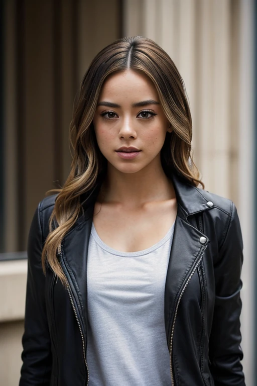 a photo of quak3-001, realistic,  a woman in a black jacket, t-shirt, is looking at the camera with a serious look on her face, a character portrait, [black|blonde] hair  fcHeatPortrait