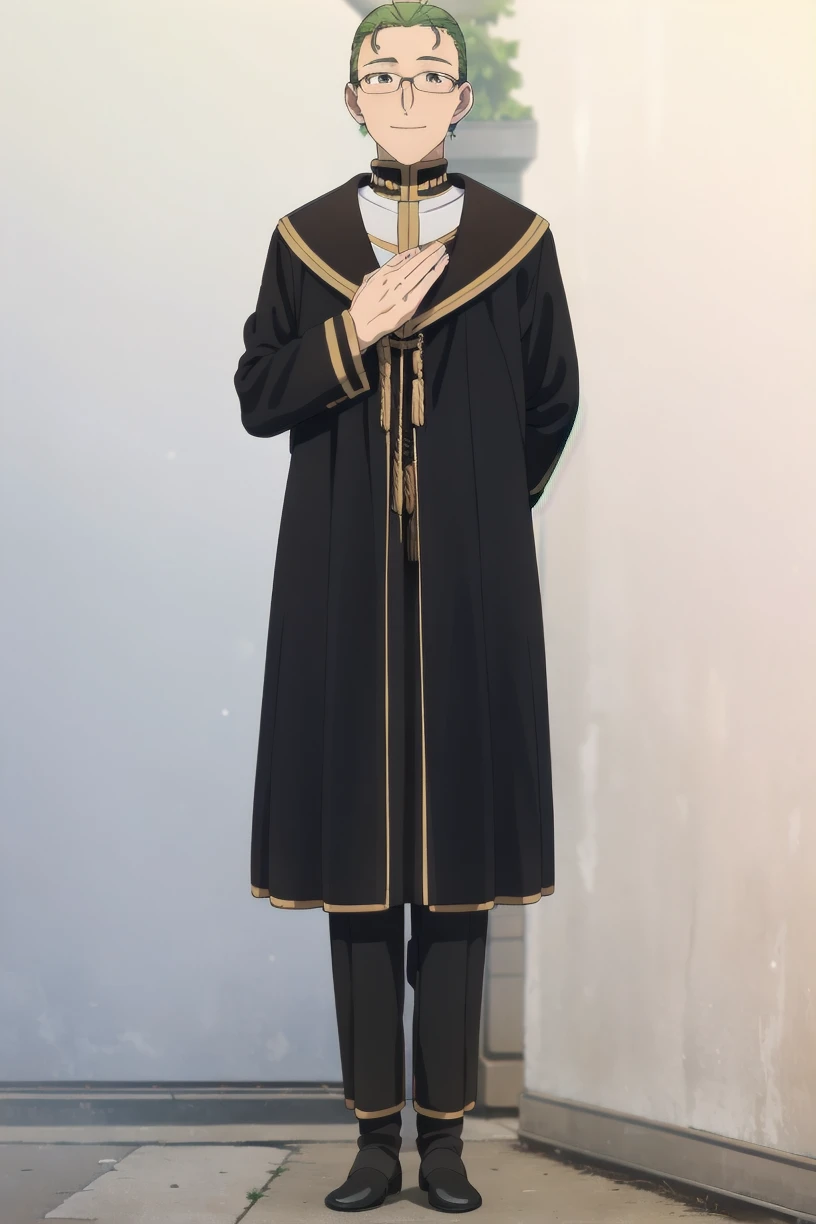 best quality,masterpiece,ultra high res,
heiter, 1boy, male focus, solo, glasses, green hair, standing, black footwear, looking at viewer, smile, robe, brown eyes, arm behind back, full body, simple background, white background,
<lora:heiter_SD15_V1:0.8>
