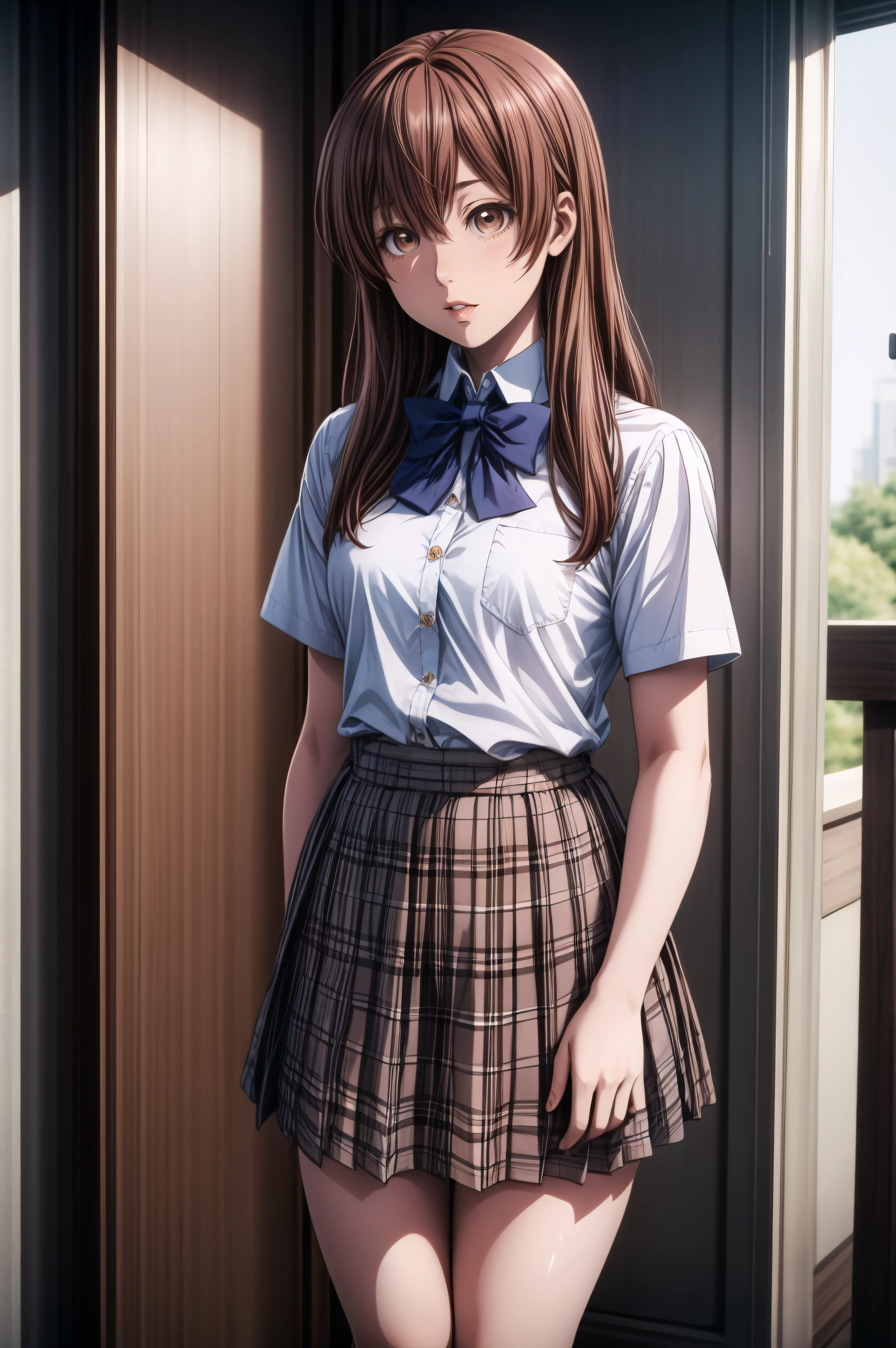 (masterpiece, best quality), <lora:shouko nishimiya v2-lora-Faxtron:0.8> shouko nishimiya, brown eyes, light brown hair, long hair, skirt, school uniform, white shirt, short sleeves, bow tie, pleated plaid skirt, white socks, shoes, standing,
<lora:add_detail:0.8>,