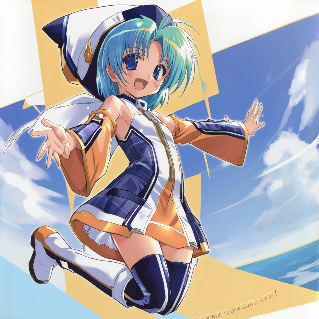 <lora:Komatsu_Eiji_SDXL_V2:1>,cocolo,1girl,solo,boots,blue eyes,blush,open mouth,smile,zipper,short hair,hat,flat chest,looking at viewer,:d,long sleeves,aqua hair,blue hair,parted bangs,outstretched arms,bangs,dress,detached sleeves,bare shoulders,, best_quality,masterpiece,1_girl