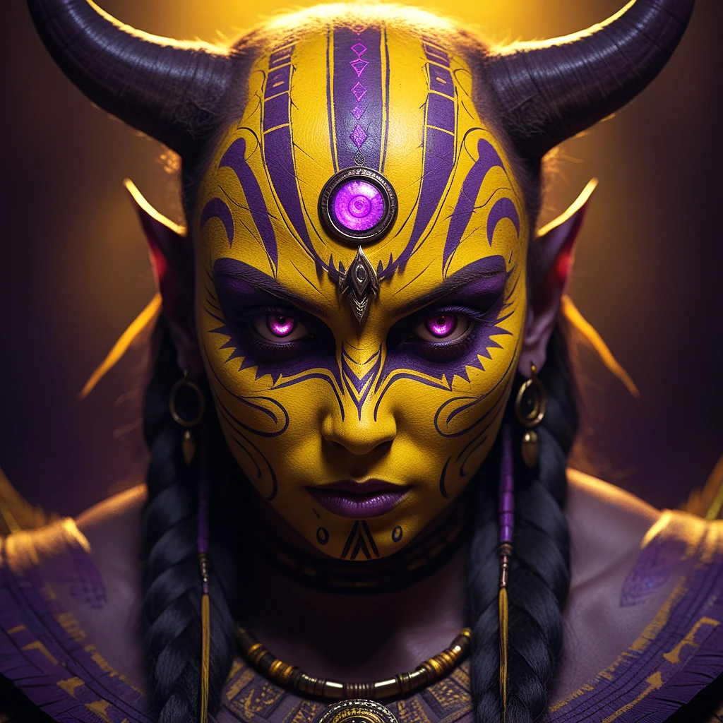 Digital art, fantasy creature, glowing eyes, tribal markings, yellow and purple color palette, dark atmosphere, menacing expression, eerie mood, ethereal glow, horror elements, ominous presence,  masterpiece, highest quality, symmetrical, hyperdetailed, cinematic lighting, RAW photo, 32K resolution, HDR, Clear, UHD, vibrant, intricate details