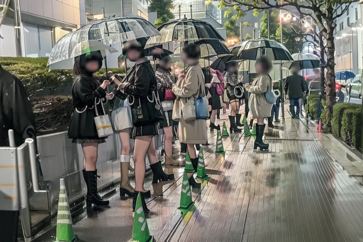 (masterpiece, best quality), 
okubobyoin, storefront, umbrella, outdoors, multiple girls, transparent, boots, holding umbrella, holding, blurry, black footwear, rain, street, skirt, blurry foreground, transparent umbrella, high heels, depth of field, building, traffic cone, city, road, people, lamppost, scenery
, mask, holding smartphone,
 <lora:okubo_kouen_SD15_V1:1>