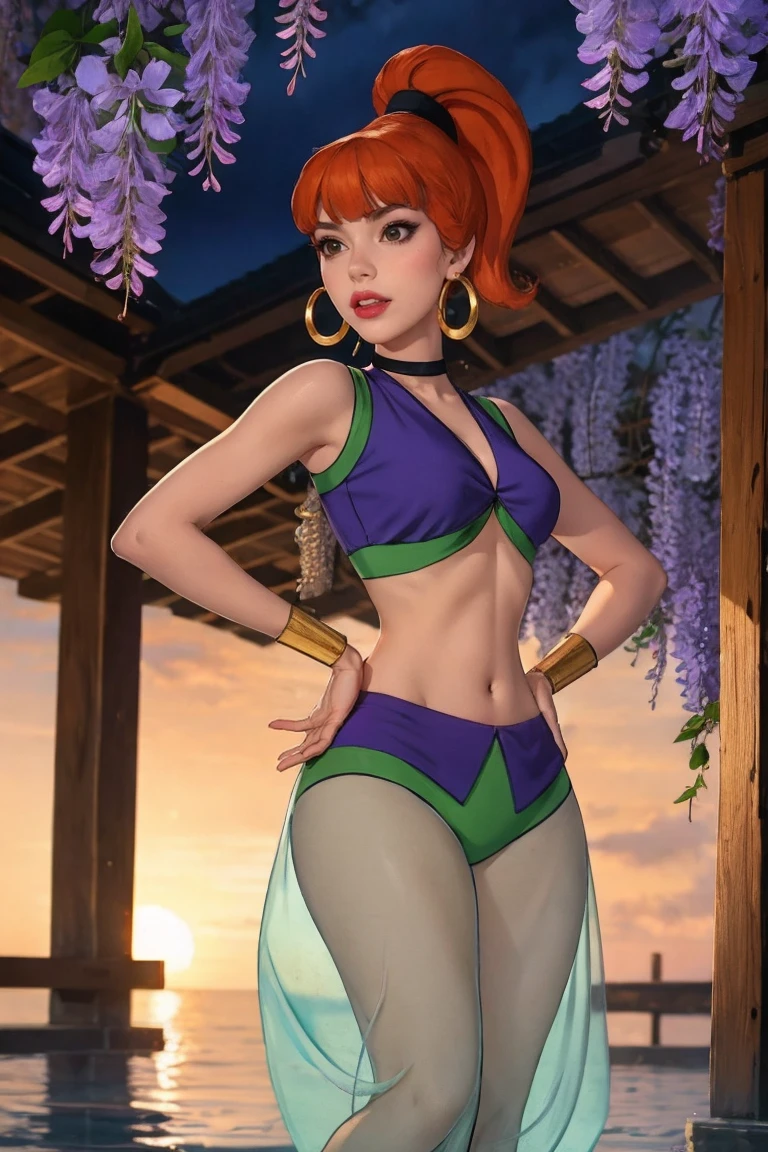 masterpiece, best quality, high quality, highres, wading,looking at viewer,solo,water, sunset, onsen, wisteria,moody lighting, BREAK, 
CARTOON_Jeannie_ownwaifu, www.ownwaifu.com, 
jewelry, earrings, hoop earrings, ponytail, choker, makeup, long hair, orange hair, breasts, eyeshadow, black eyes, high ponytail, lips, medium breasts, bangs, blunt bangs, 
midriff, pants, see-through, see-through_pants, harem pants, arabian clothes, bracelet, wristband, crop top, purple bikini, 
<lora:CARTOON_Jeannie_ownwaifu-15:1>