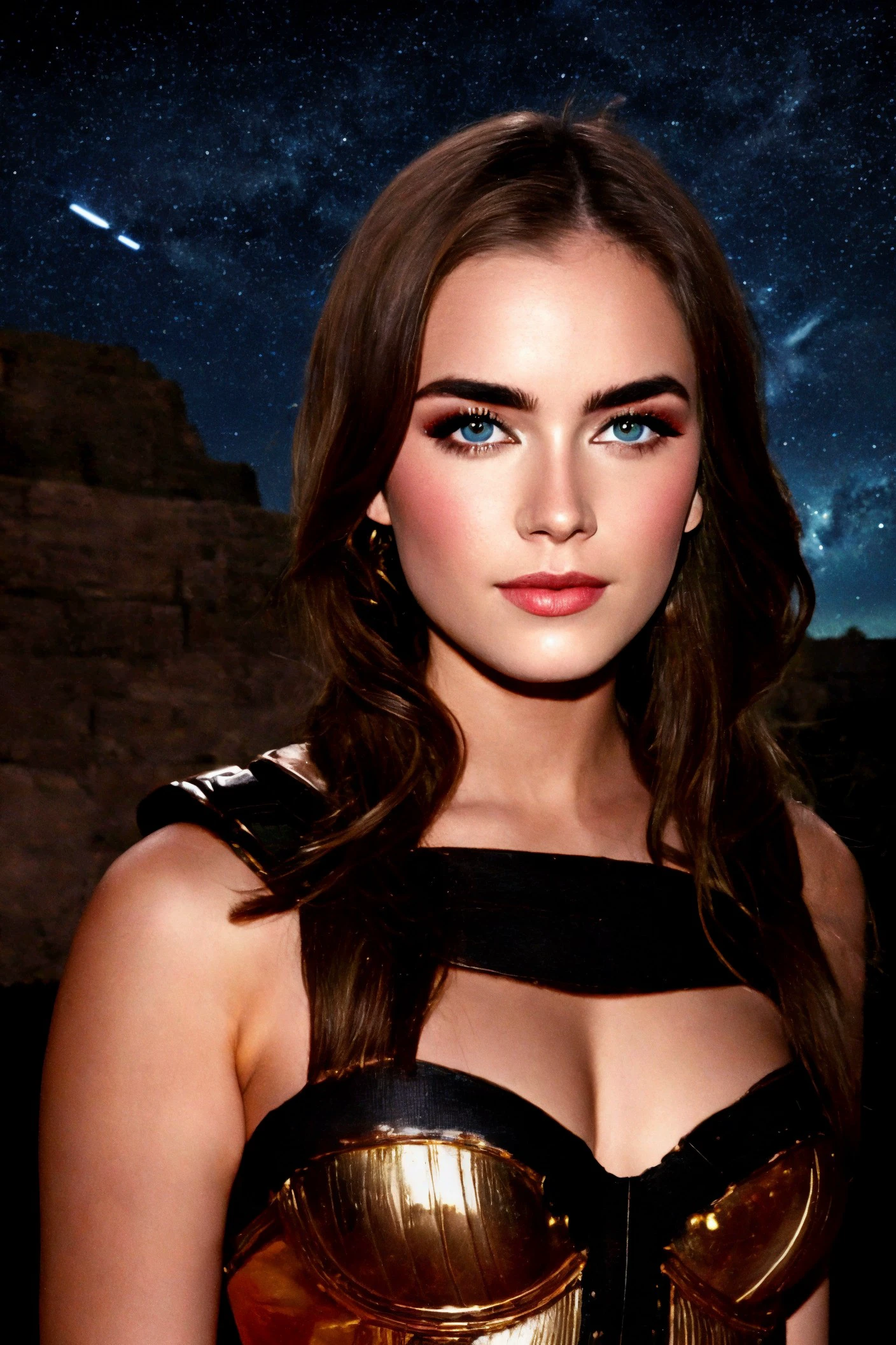 Anjelika Fotson standing close up, young, makeup, happy,
beautiful face, masterpiece, highres, realistic,
Bustier,
Ancient ruins under starry sky,
 <lora:anjelika_fotson:0.75>