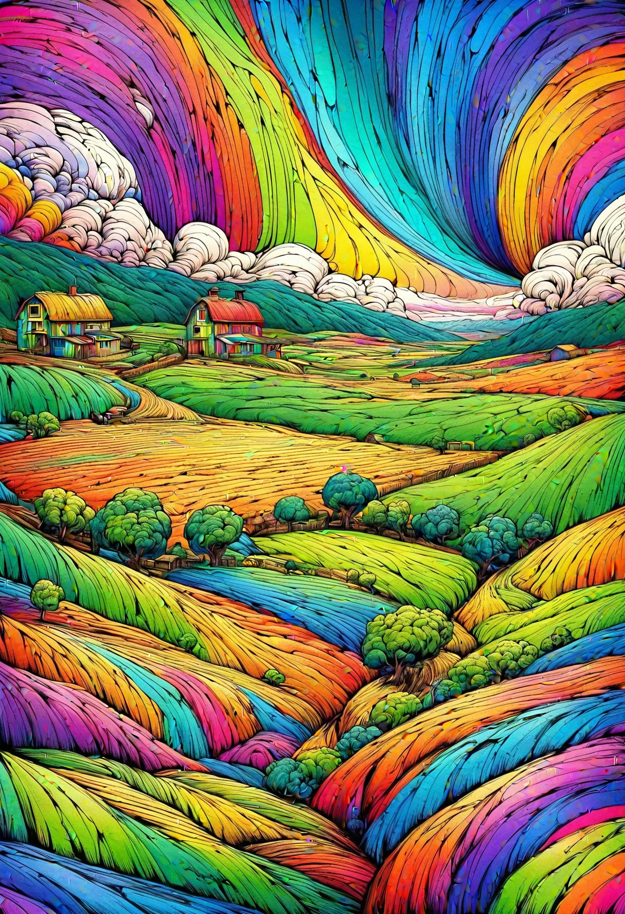 DonMM3l4nch0l1cP5ych0XL,vibrant, psychodelic, farmland, gambrel roof,gorge, <lora:DonMM3l4nch0l1cP5ych0XL-000004:0.8>