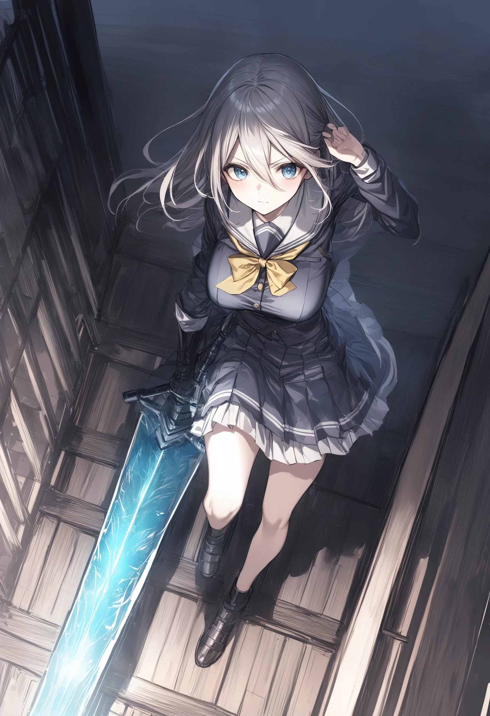 1girl, <lora:sdxl2-flat2-512b:-1>,medium breasts,school uniform, armor ,
<lora:moonlightswordXLv1:0.9>,moonlight greatsword ,holding sword, glowing weapon,
from above, feet out of frame, looking up, determined, on pedestrian bridge, closed mouth,
best quality,medium quality,