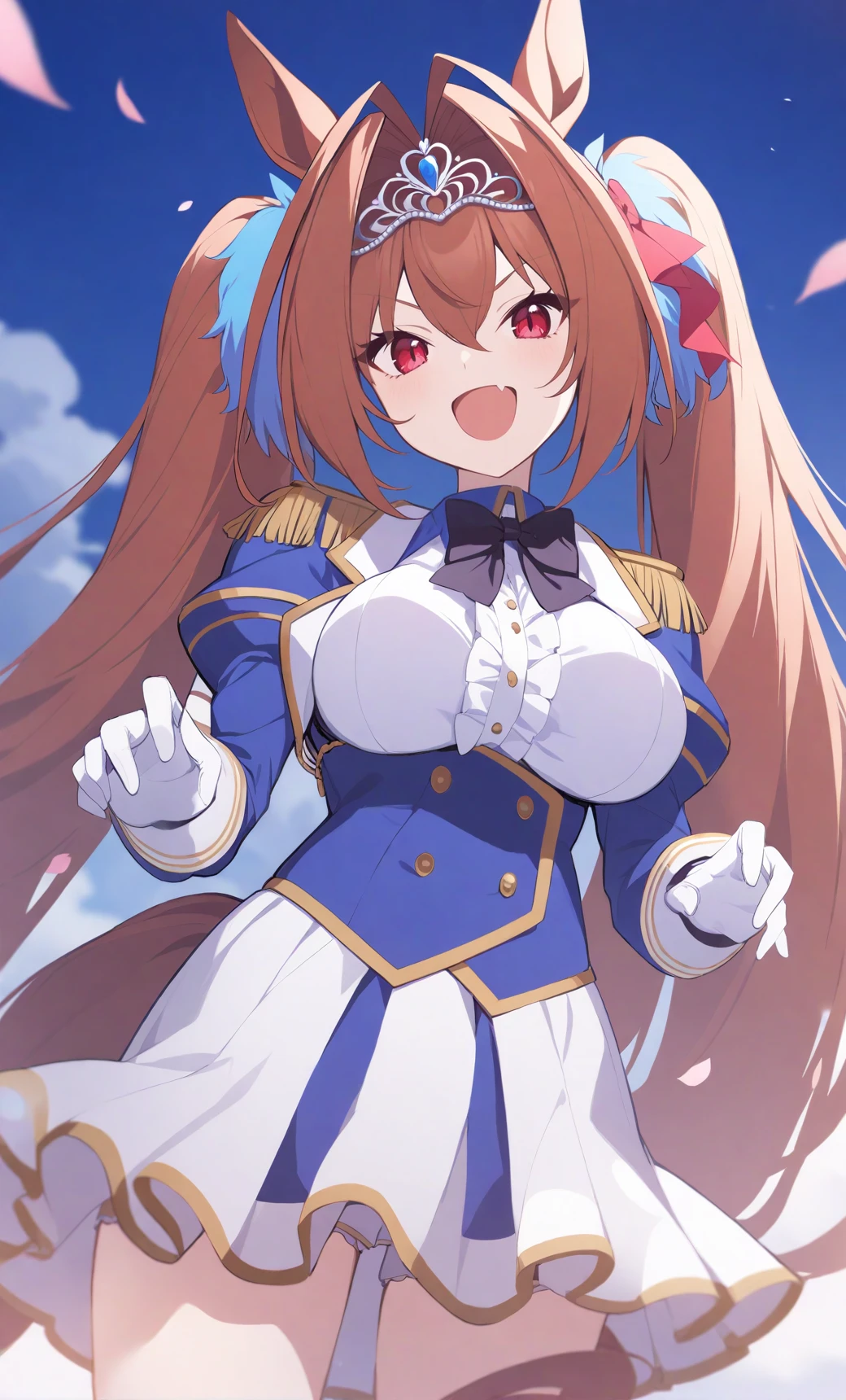 daiwa_scarlet_(umamusume) 1girl :d animal_ears bow bowtie breasts brown_hair fang from_below hair_intakes horse_ears horse_girl horse_tail large_breasts long_hair looking_at_viewer looking_down petals red_eyes smile solo tail tiara twintails very_long_hair flat_coating clear_color highres absurdres best_quality