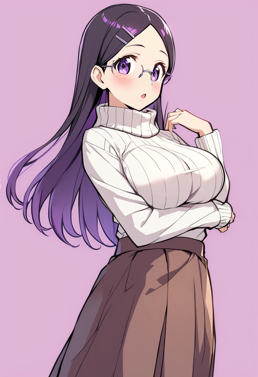 1girl, saitou kaede, glasses, solo, long hair, hair ornament, hairclip, black hair, looking at viewer, open mouth, large breasts, long sleeves, brown skirt, simple background, blue eyes, purple eyes, purple background, white sweater, bow, turtleneck, arm under breasts, rimless eyewear, standing, cowboy shot, breast hold, long skirt, blush, purple hair, hand up, turtleneck sweater, :o, medium breasts, parted bangs, over-rim eyewear <lora:saitou_kaede_sdxl_locon_ani_v1:0.7>