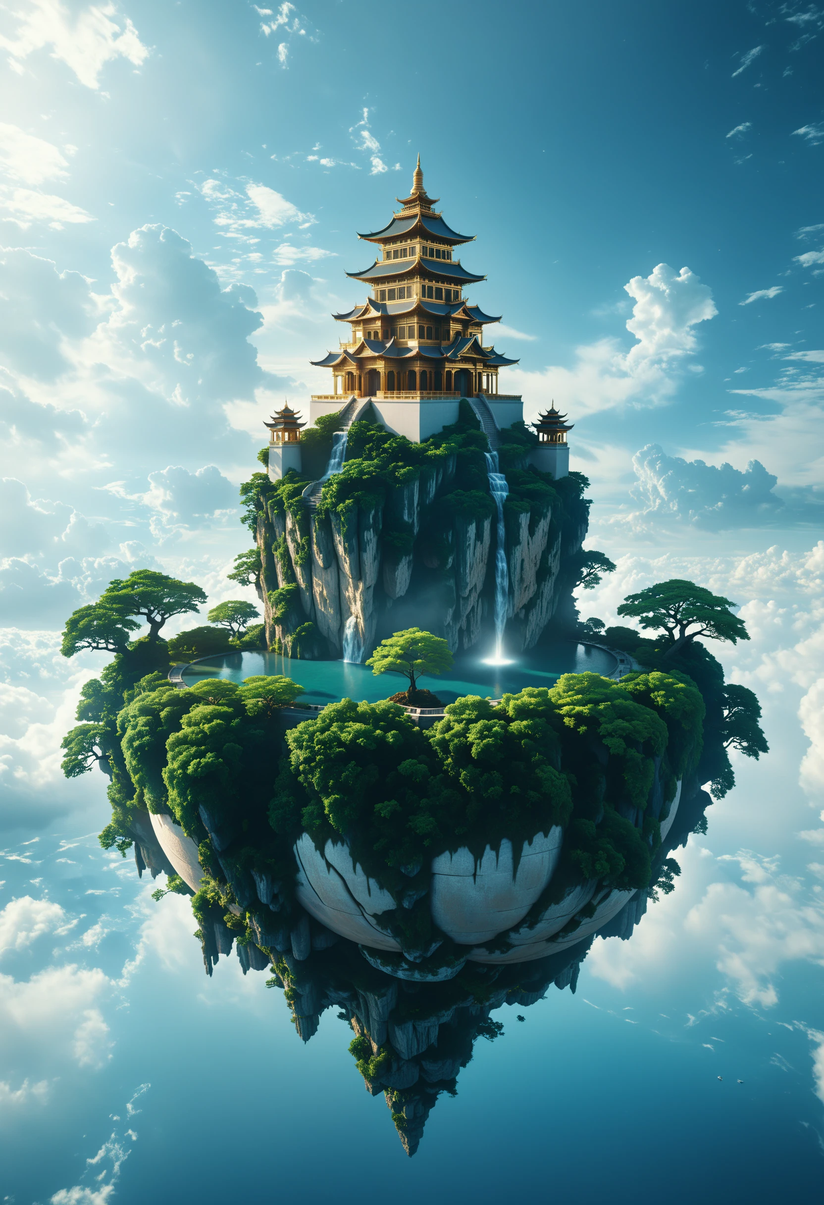 cinematic photo surreal, a floating island with Ancient palace, oriental aesthetic, The island suspended in the sky. Inside there is an megalophobia gigantic building, It is a hyper-realistic science fiction style, ethereal illustration. conceptual digital art,<lora:xl_floating:0.7> . 35mm photograph, film, bokeh, professional, 4k, highly detailed