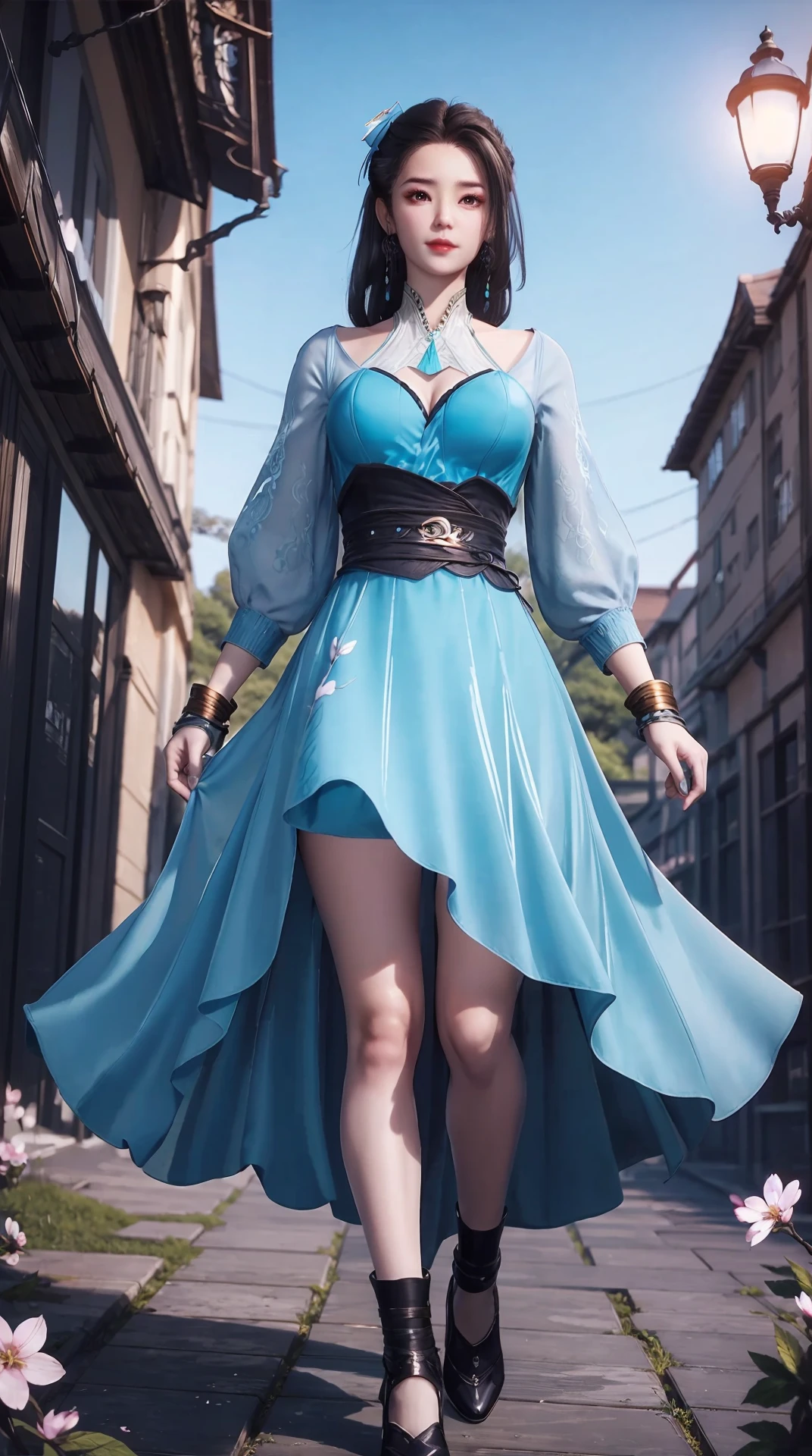 <lora:jmai_20240227191815-000007:0.8>,blue_dress,panorama,full_body,exploring cherry blossom branches,wonderland,light blue element,night,side light shining on the face,